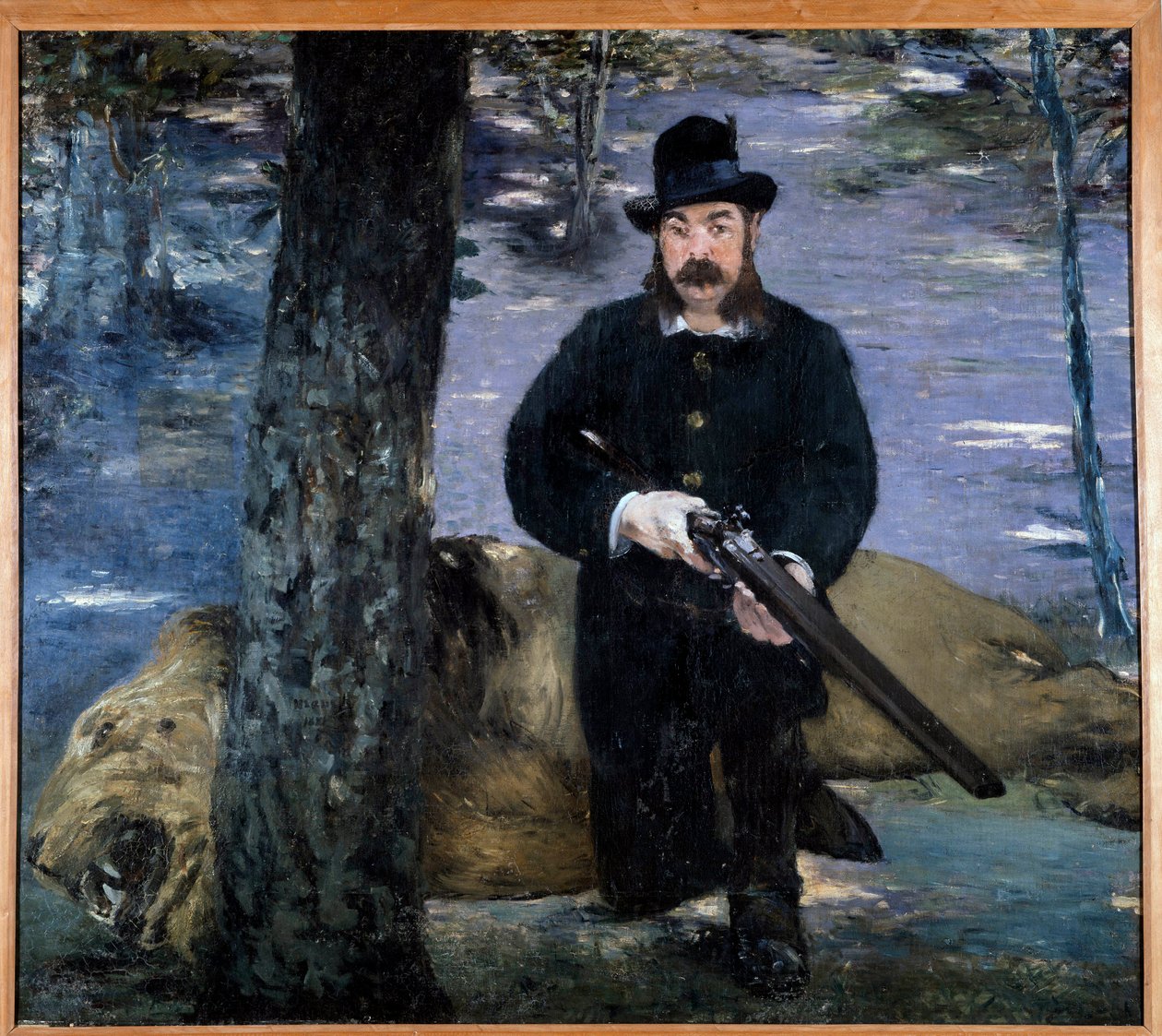 Monsieur Pertuiset 一个猎人在狮子附近摆姿势，他的狩猎战利品。爱德华-马奈（1832-1883）的画作，1881年 作者 爱德华·马奈