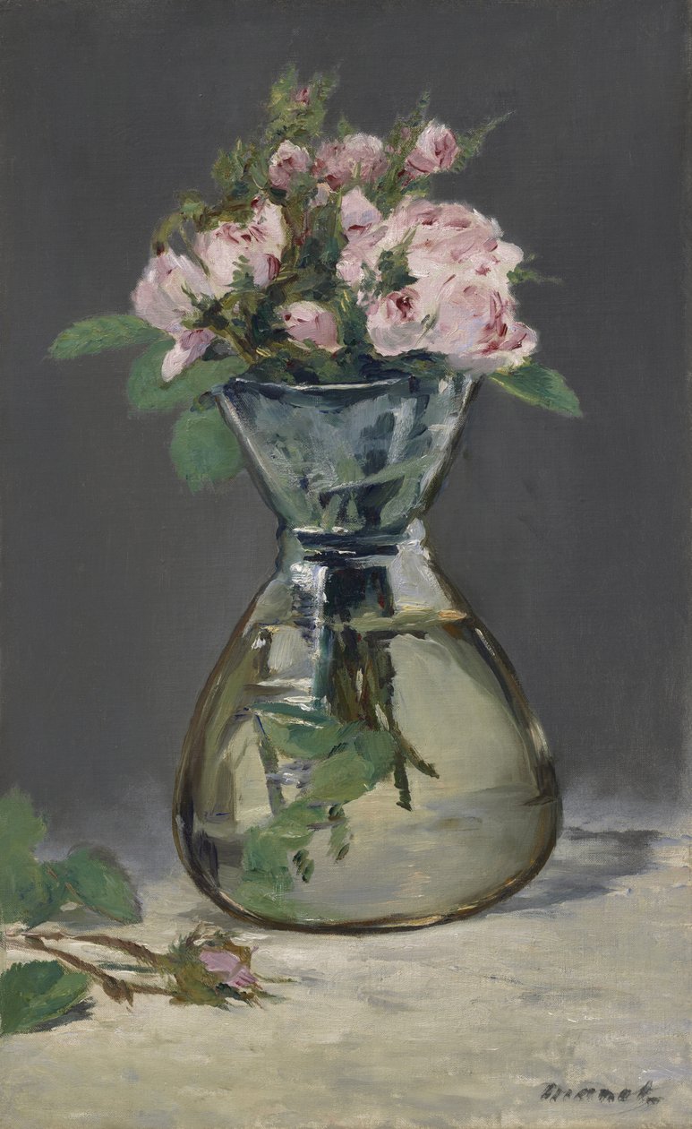 花瓶里的苔藓玫瑰，1882年 作者 爱德华·马奈