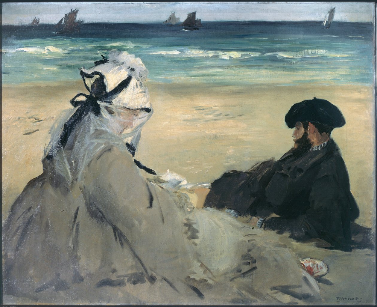 在沙滩上。 Edouard Manet女士（1830-1906）和Eugene Manet（1833-1892）的肖像，艺术家的妻子和兄弟Berck-sur-Mer（Berck sur mer）。绘画由Edouard Manet（1832-1883），1873年。油 作者 爱德华·马奈