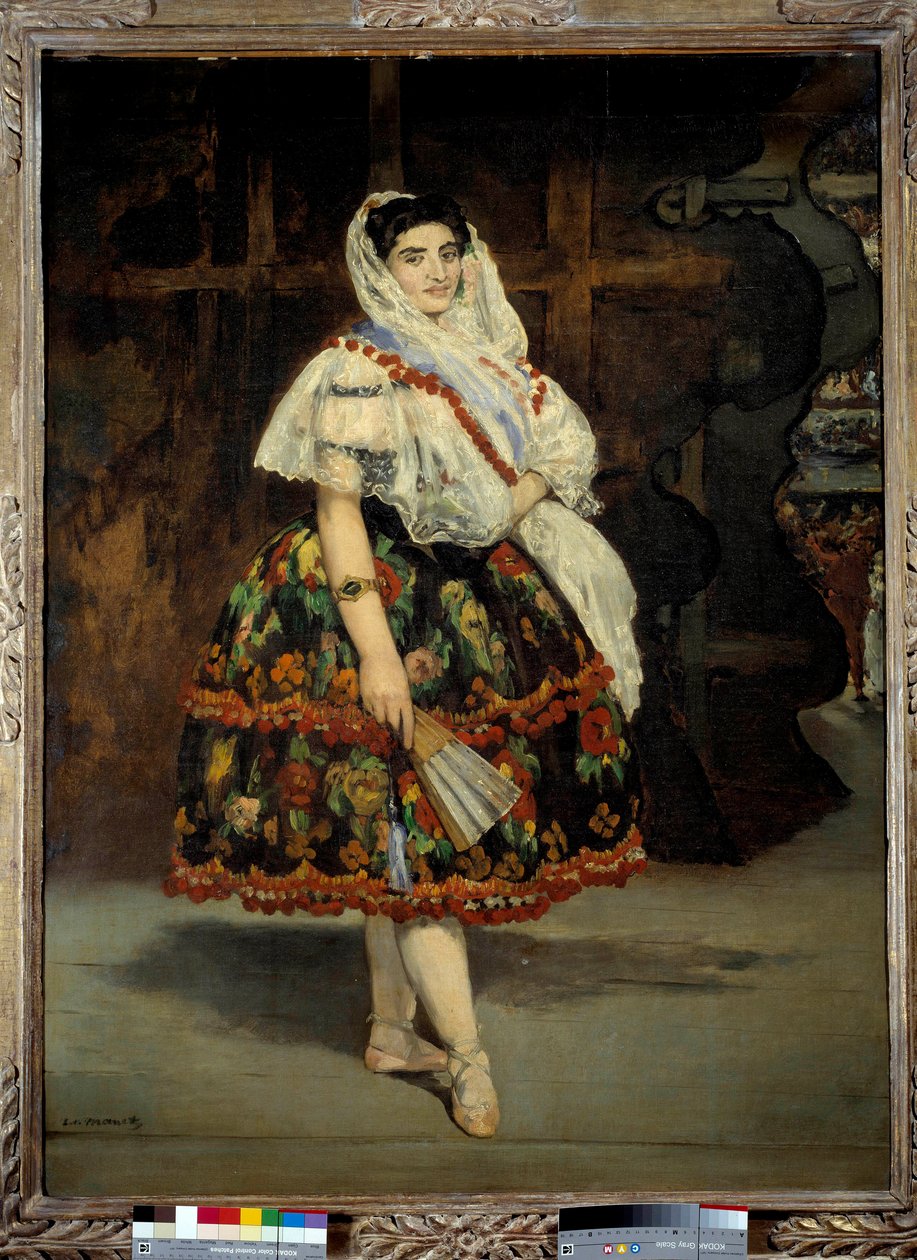 Lola de Valencia 的肖像 舞者 Lola Melea 身着传统的西班牙服装。 爱德华·马奈 (Edouard Manet) (1832-1883) 的画作，1862 年昏暗。 1,23x0,92 m 巴黎，奥赛博物馆 - Lola de Valencia 的全长肖像。 传统舞者 Lola Melea 作者 爱德华·马奈