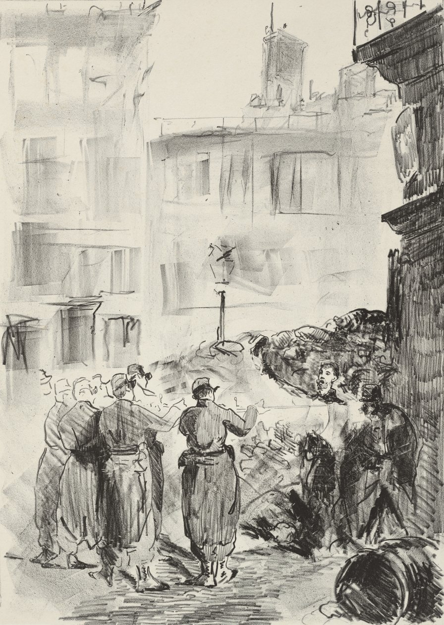 《路障》，1871年，印刷于1884年 作者 爱德华·马奈