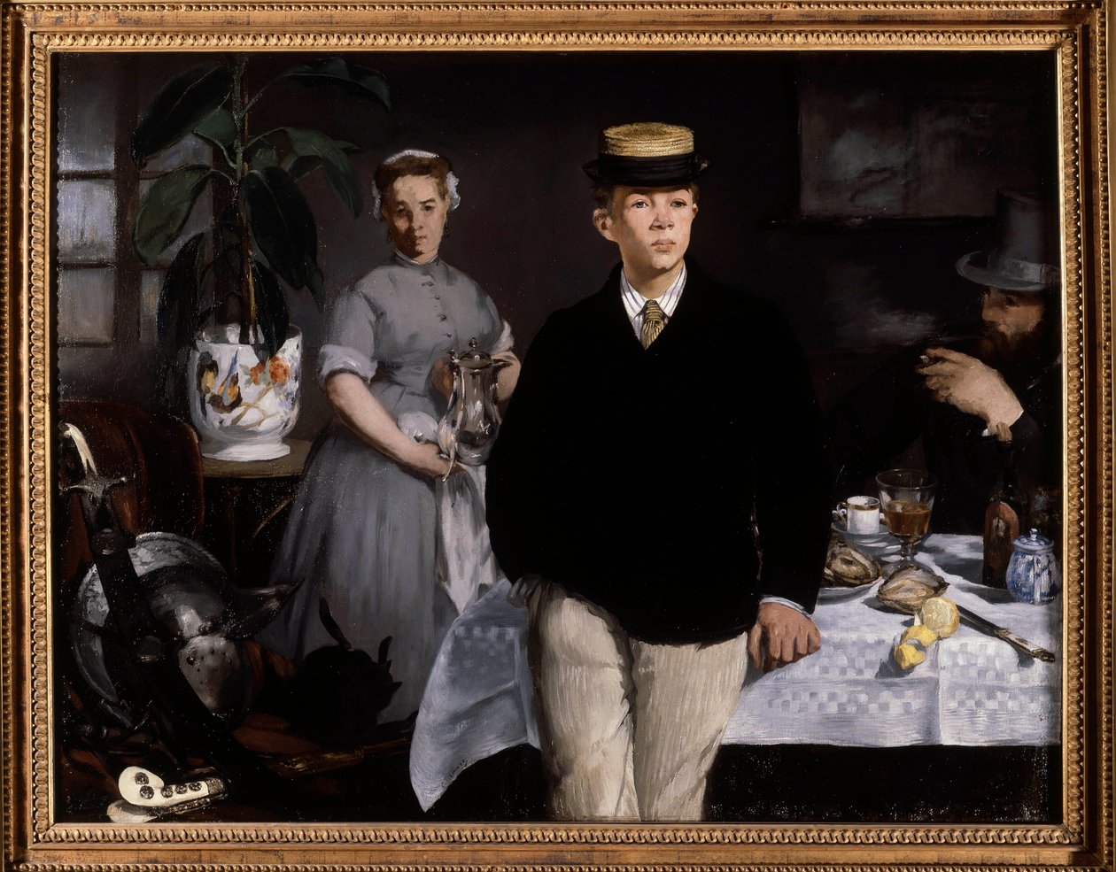 工作室的早餐 爱德华·马奈 (Edouard Manet) (1832-1883) 1868 年作画。 1,18x1,54 m 慕尼黑，Neue Pinakothek - 在工作室吃早餐。 爱德华·马奈 (1832-1883) 的绘画 作者 爱德华·马奈