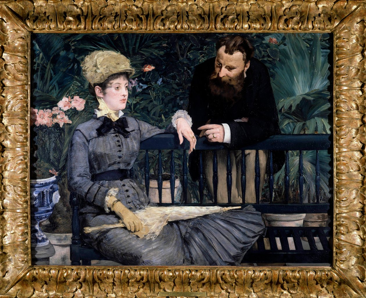 温室中的冬季花园 爱德华·马奈 (Edouard Manet) (1832-1883) 的画作，1879 年 115 x 150 厘米。 柏林。 Staatliche 博物馆 - 温室中的冬季花园。 爱德华·马奈 (1832-1883) 于 1879 年的绘画 作者 爱德华·马奈
