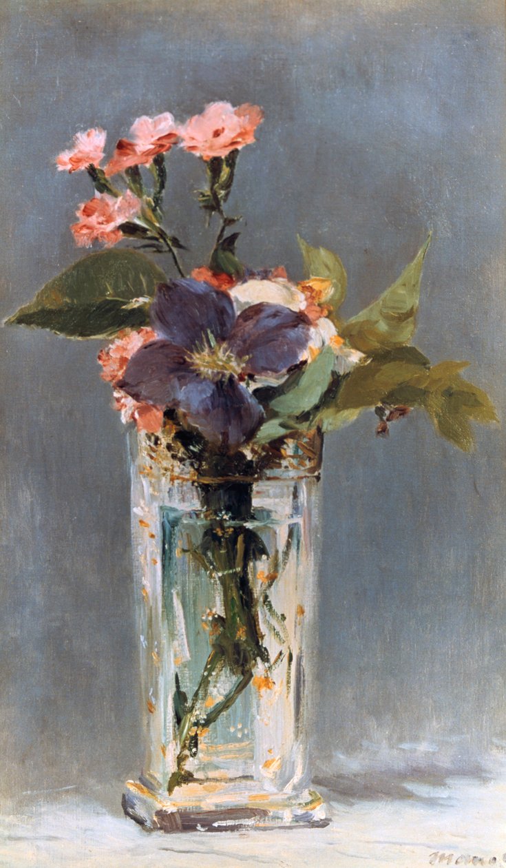 水晶花瓶中的紫罗兰和铁线莲，1882年 作者 爱德华·马奈