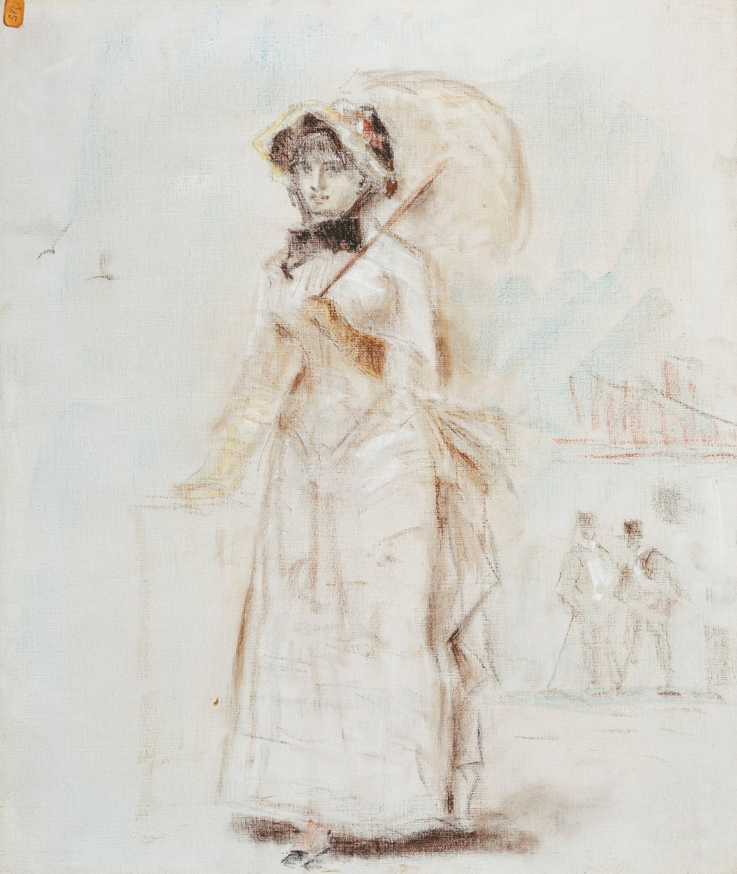女人用打开的伞走；散步拿着一把阳伞的女人，1880年 作者 爱德华·马奈