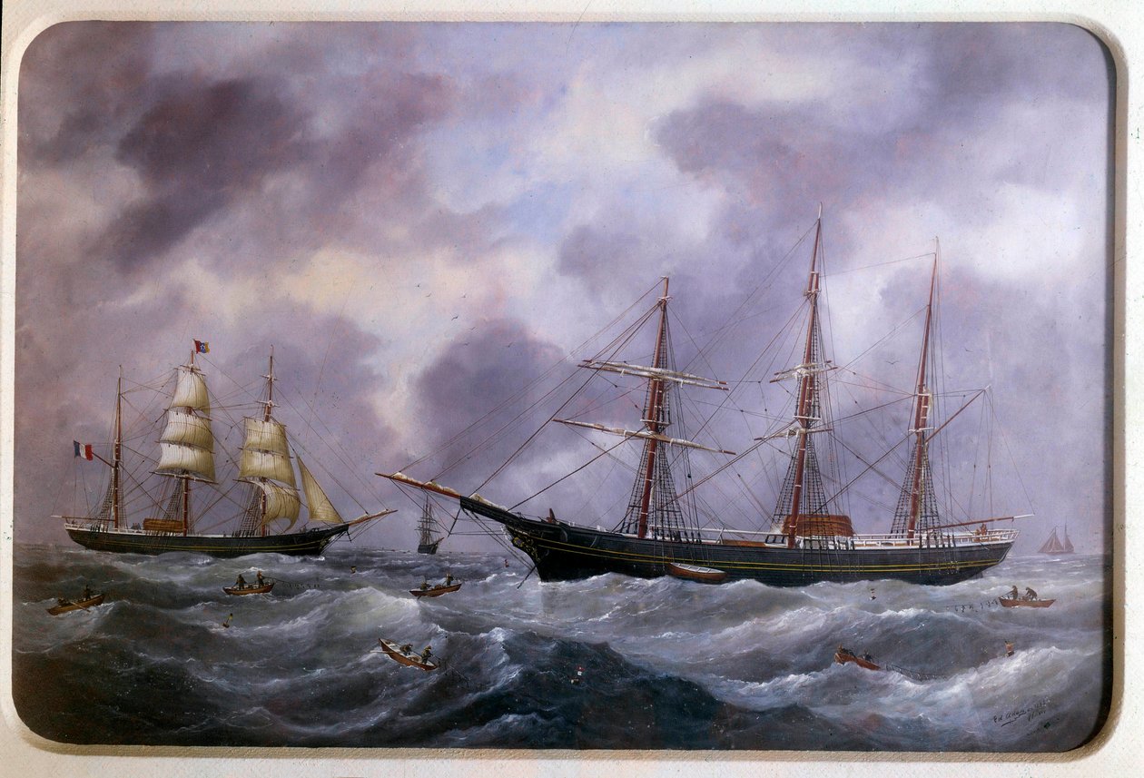 1885 年在纽芬兰河岸捕鱼的船只 爱德华·亚当（Edouard Adam，1847-1929 年）水彩画，1885 年巴黎，海洋博物馆 作者 爱德华·玛丽·亚当