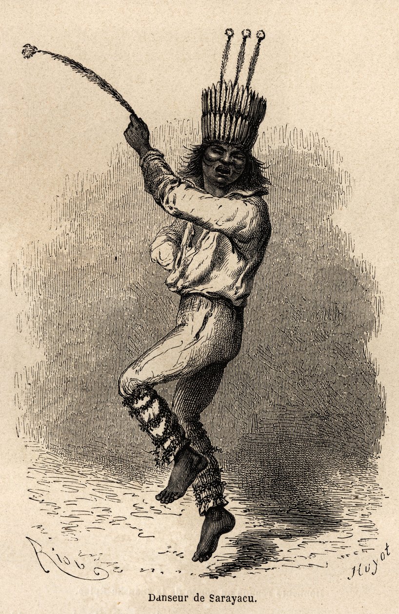 萨拉亚库（秘鲁）的一名舞者，由 Riou 绘制，描绘了 Paul Marcoy 从 1848 年到 1860 年从太平洋到大西洋的旅程。雕刻在“”Le tour du monde”，由 Edouard Charton 编辑 作者 爱德华·里奥（Edouard Riou）