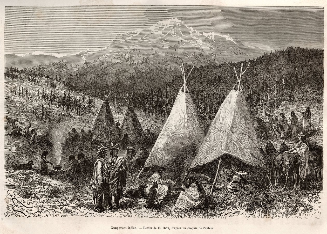 An Indian camp, in Utah territory, on the banks of the Riviere Verte. Engraving after the drawing of E.Riou, to illustrate the story La conquete blanche, by William Hepworth Dixon, in 1875, published in “” Le tour du monde””” 1876, edited by Edouard Charto 作者 爱德华·里奥（Edouard Riou）