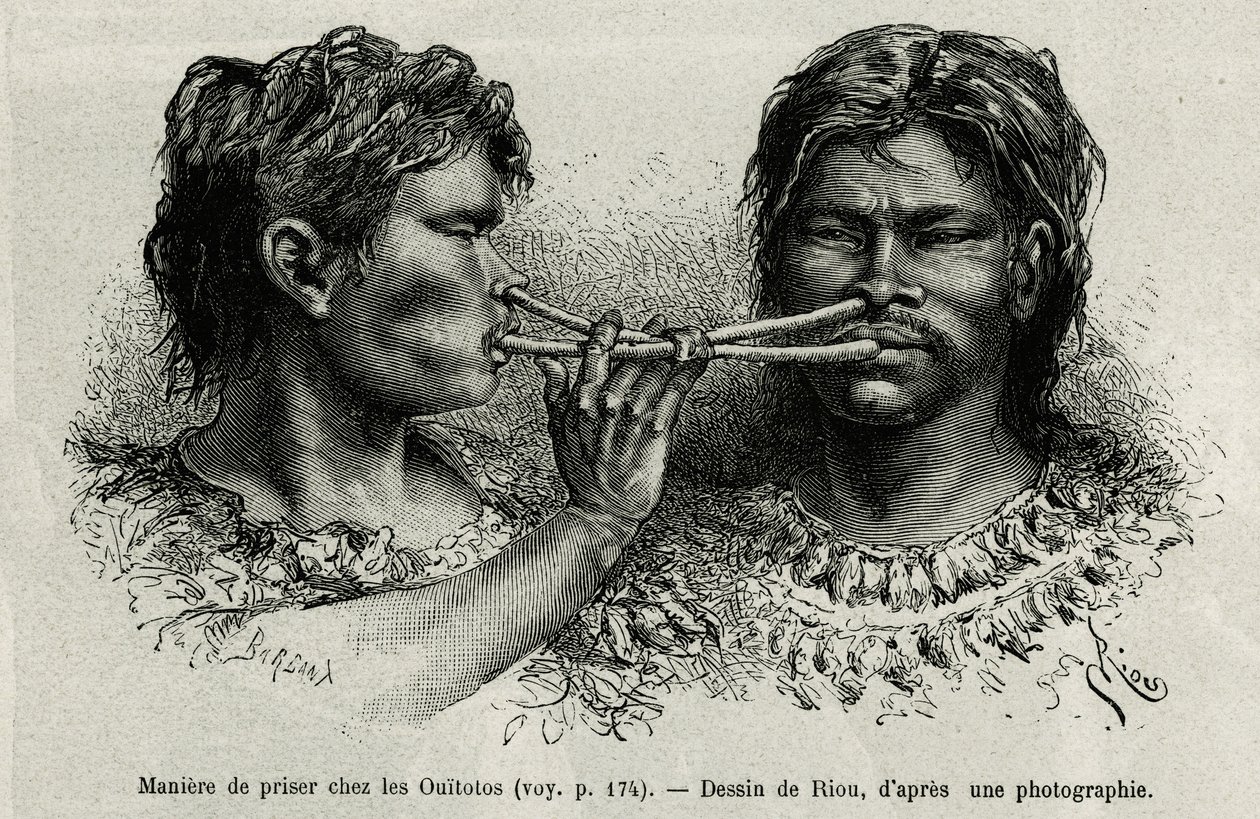 An instrument made of bird bone and a way of snuffing among the Indians ouitotos (uitoto), blowing in unison, they simultaneously send the catch. Engraving by Riou, to illustrate the story of Cayenne aux Andes, by Jules Crevaux, doctor of the French navy,  作者 爱德华·里奥（Edouard Riou）