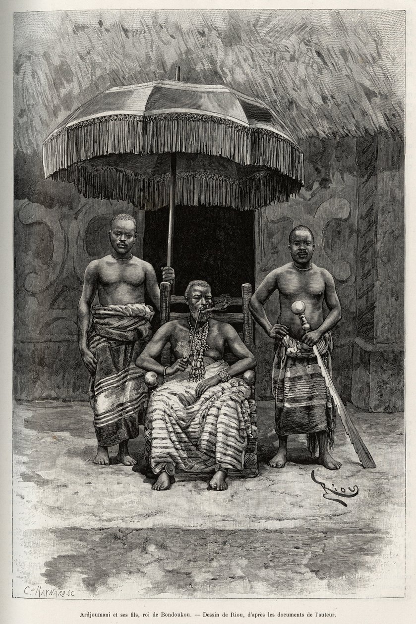 Ardjoumani（死于 1892 年）和他的儿子，邦杜库（科特迪瓦）国王。 Riou 版画，说明故事“从尼日尔到几内亚湾”，由船长 Louis Gustave Binger（1856-1936）于 1887-1889 年在 Le tour du monde，nouveau journal des voyag 作者 爱德华·里奥（Edouard Riou）