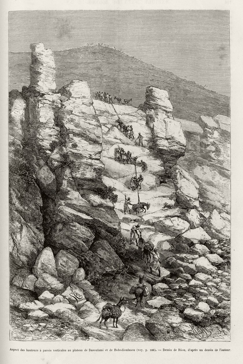 Dasoulami 和 Bobodioulasou 高原（几内亚湾）的垂直墙高度方面，描述了钩住远征车队坐骑的技术。 里欧版画，讲述“从尼日尔到贵湾的故事” 作者 爱德华·里奥（Edouard Riou）