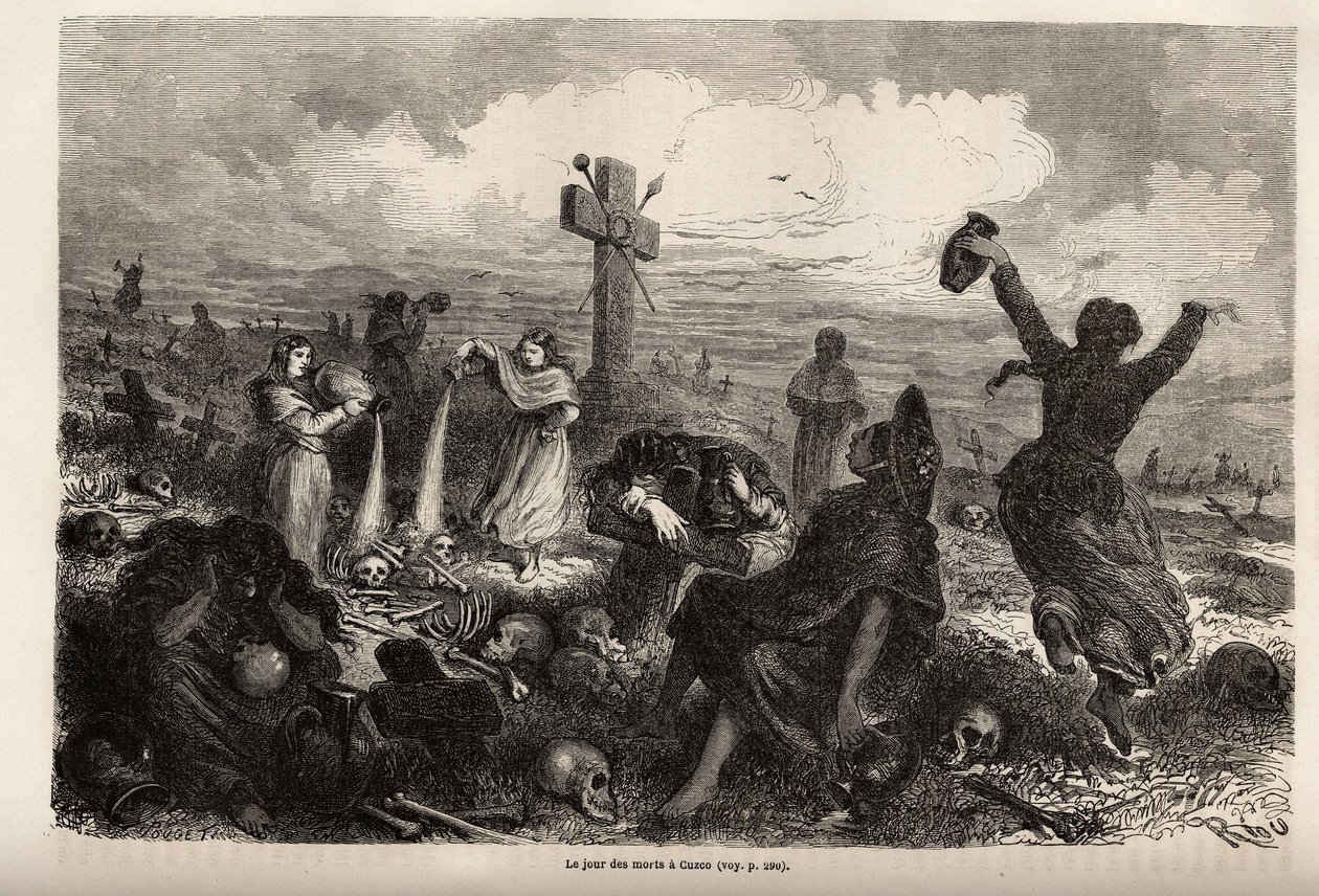 在库斯科举行的死亡庆典，由Riou绘制，以说明Paul Marcoy从1848年到1860年的南美之旅。雕刻在《世界之旅》中，由Edouard Charton编辑。 作者 爱德华·里奥（Edouard Riou）