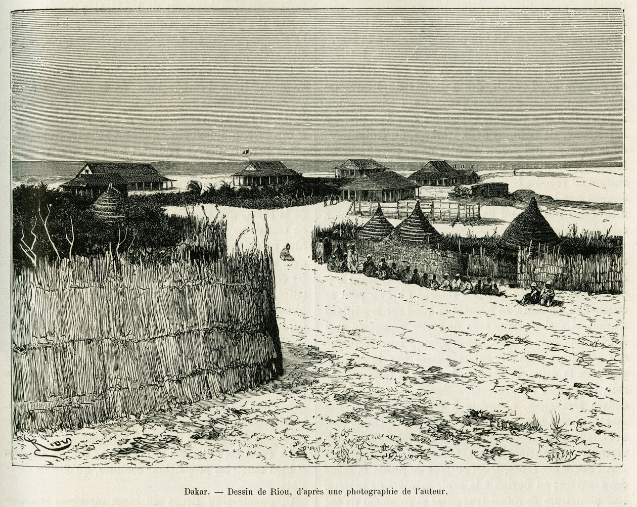 达喀尔。 由 Riou 雕刻以说明拉普拉塔航行的故事，Emile Blaaireaux 于 1886 年在巴黎阿歇特 (Hachette) 的爱德华·查顿 (Edouard Charton)（1807-1890 年）的指导下，在 1887 年的世界之旅中度过了三个月的假期。 作者 爱德华·里奥（Edouard Riou）