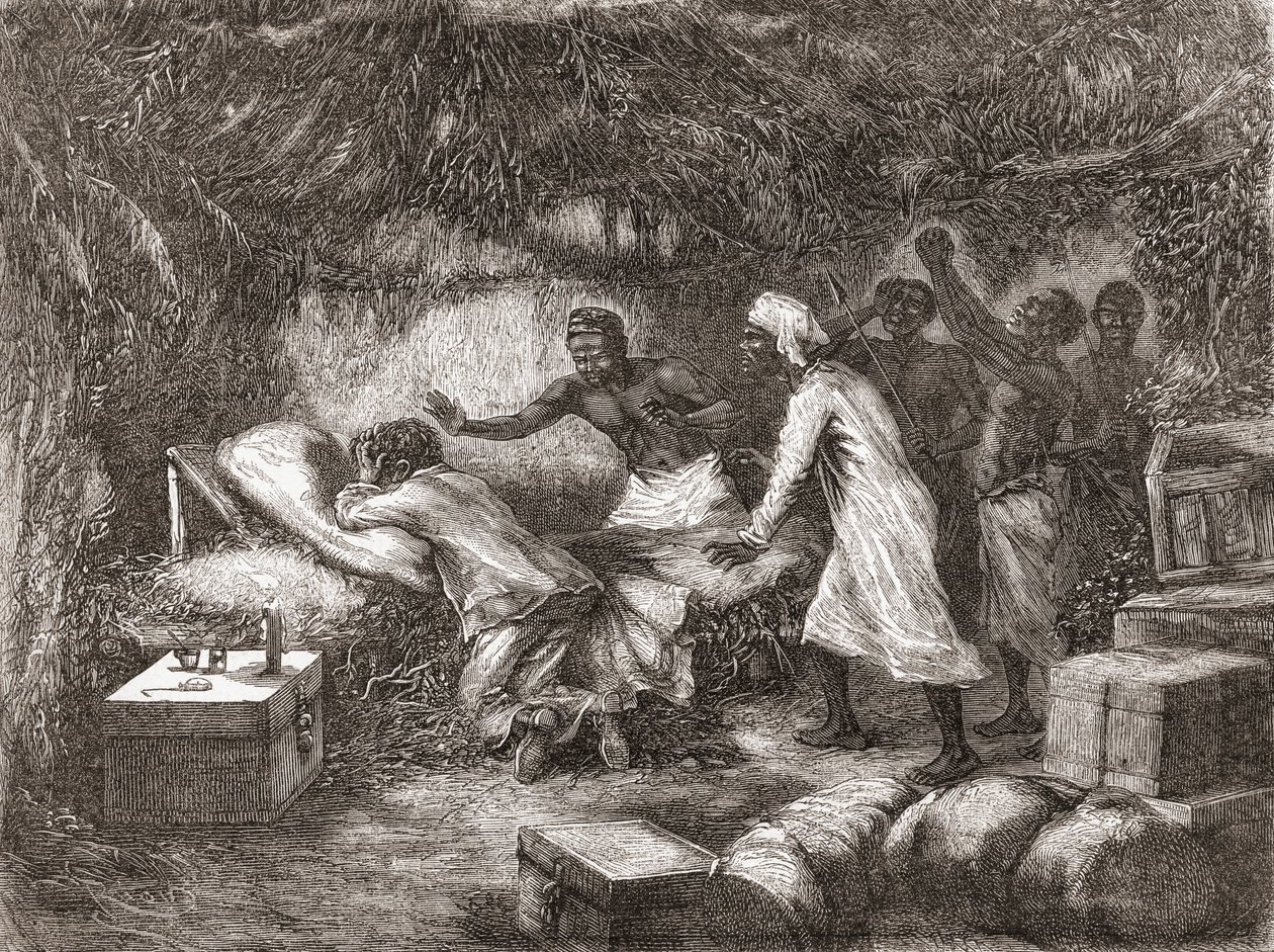 利文斯通博士于1873年在非洲Tchitammbo村去世，插图出自“手中的世界”，出版于1878年 作者 爱德华·里奥（Edouard Riou）