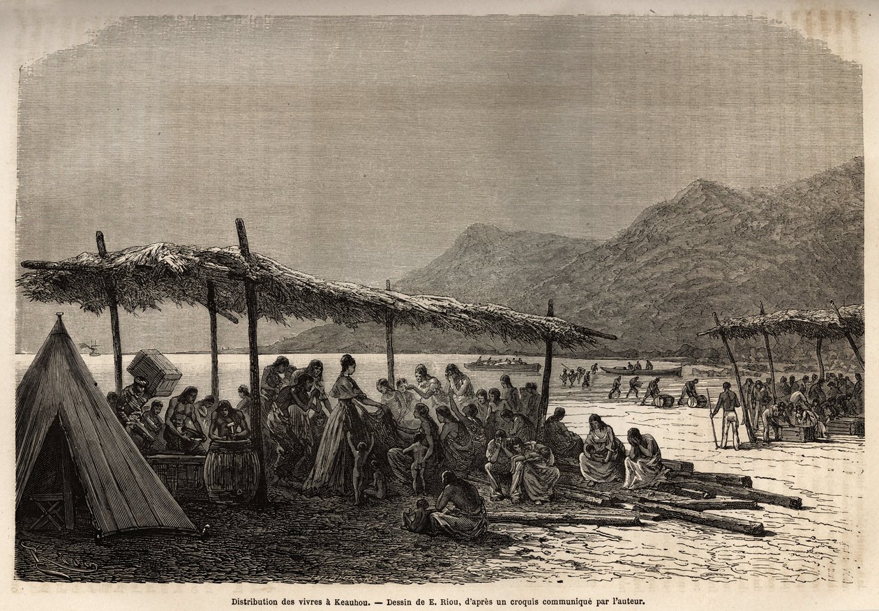 在 1868 年地震和火山爆发后，为灾难受害者分发的食物，在 E.Riou 的画后雕刻，说明了 1855-1869 年 C. de Varigny 前往桑威奇群岛的航行， 发表于《》 作者 爱德华·里奥（Edouard Riou）
