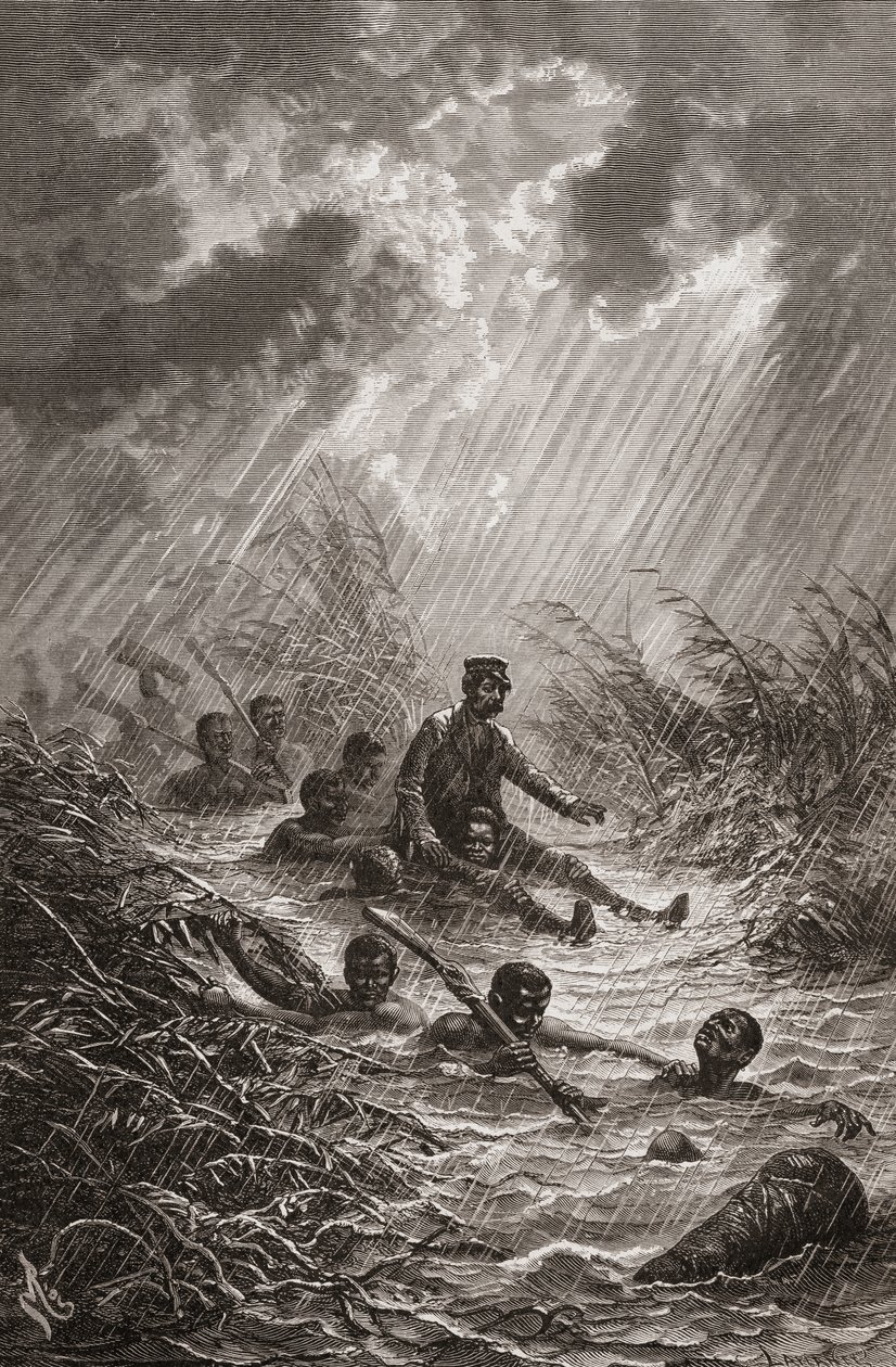 戴维·利文斯通博士（Dr. David Livingstone）在1872年远征非洲期间被搬运工拖着沼泽，这是查尔斯·拉普兰特（Charles Laplante）所刻的“手中的世界”插图 作者 爱德华·里奥（Edouard Riou）
