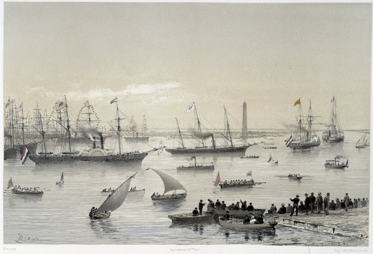 Entry of the Sovereign in the Suez Canal at Port Said in “” Inauguration of the Suez Canal by G. Nicole. 1869 作者 爱德华·里奥（Edouard Riou）