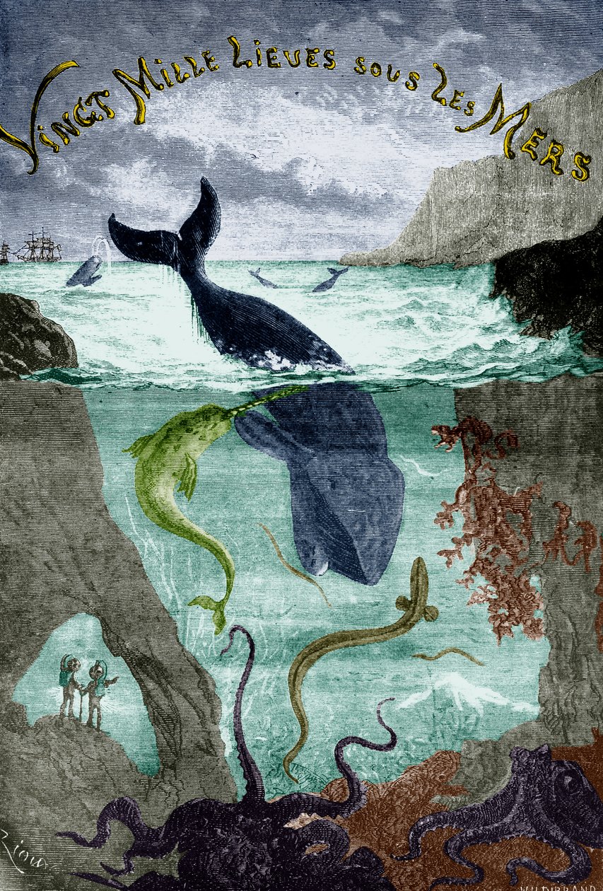 儒勒-凡尔纳的小说《海底两万里》（1870 年）的封面插图，雕刻，彩色文档 作者 爱德华·里奥（Edouard Riou）