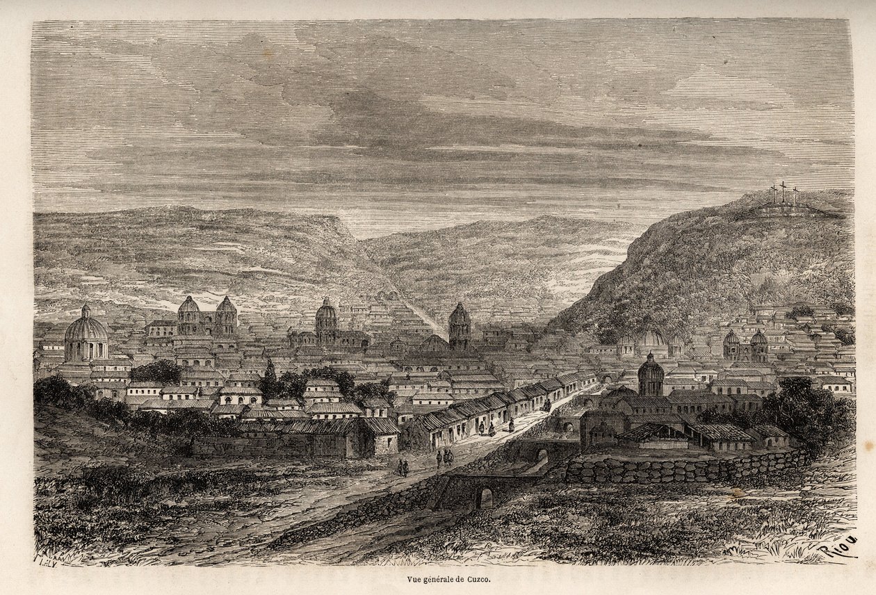 库斯科（Cusco）或库斯科（Cusco）的概貌，印加人的前首都，由Riou绘制，用于说明Paul Marcoy从1848年到1860年的南美之旅。雕刻在《世界之旅》中，由Edouard Charton编辑。 作者 爱德华·里奥（Edouard Riou）