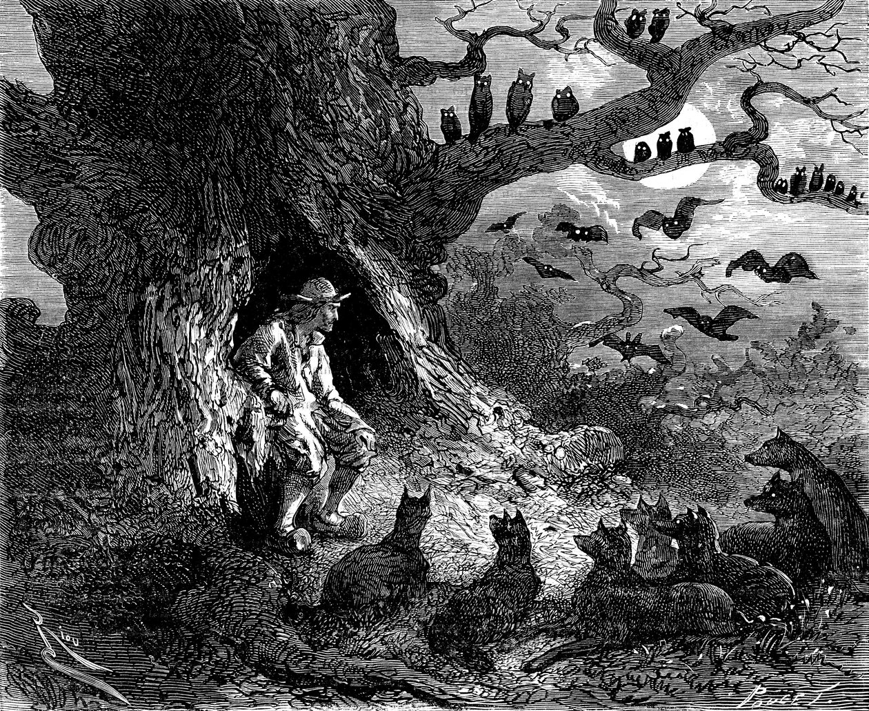 亚历山大·杜马斯（Alexandre Dumas）的小说“ Le Leader de loups”的插图：蒂博似乎是19世纪地狱圈子的中心 作者 爱德华·里奥（Edouard Riou）