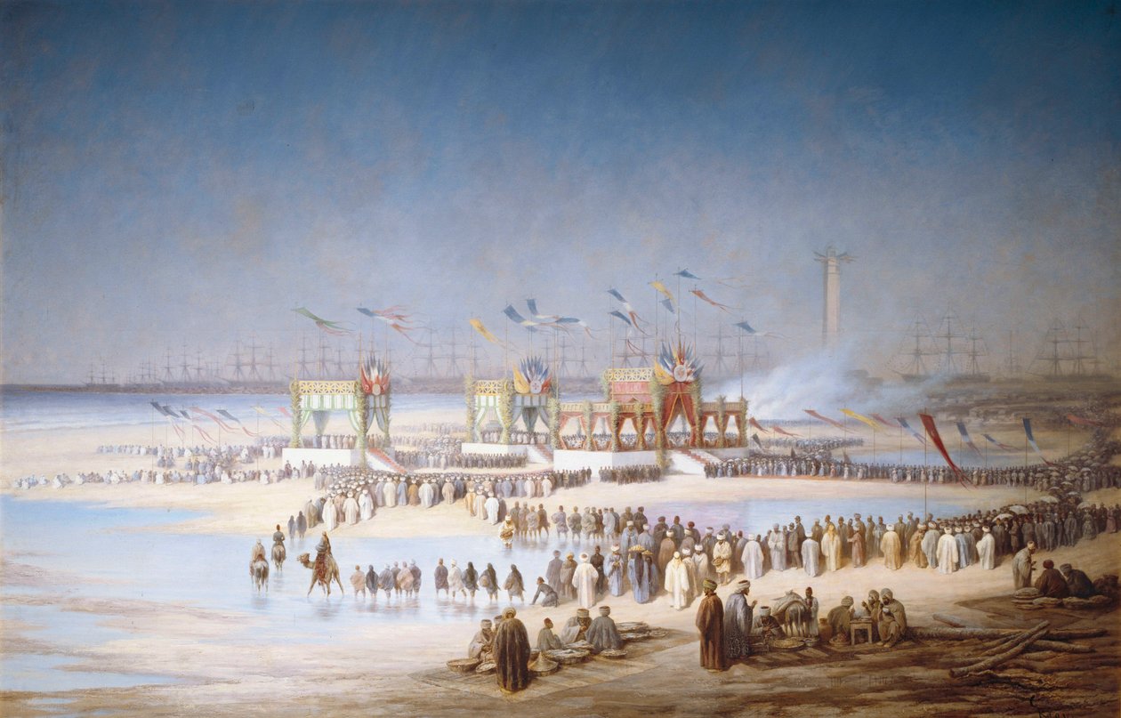 苏伊士运河在赛德港的开工仪式，1869年11月17日，1869年。 作者 爱德华·里奥（Edouard Riou）