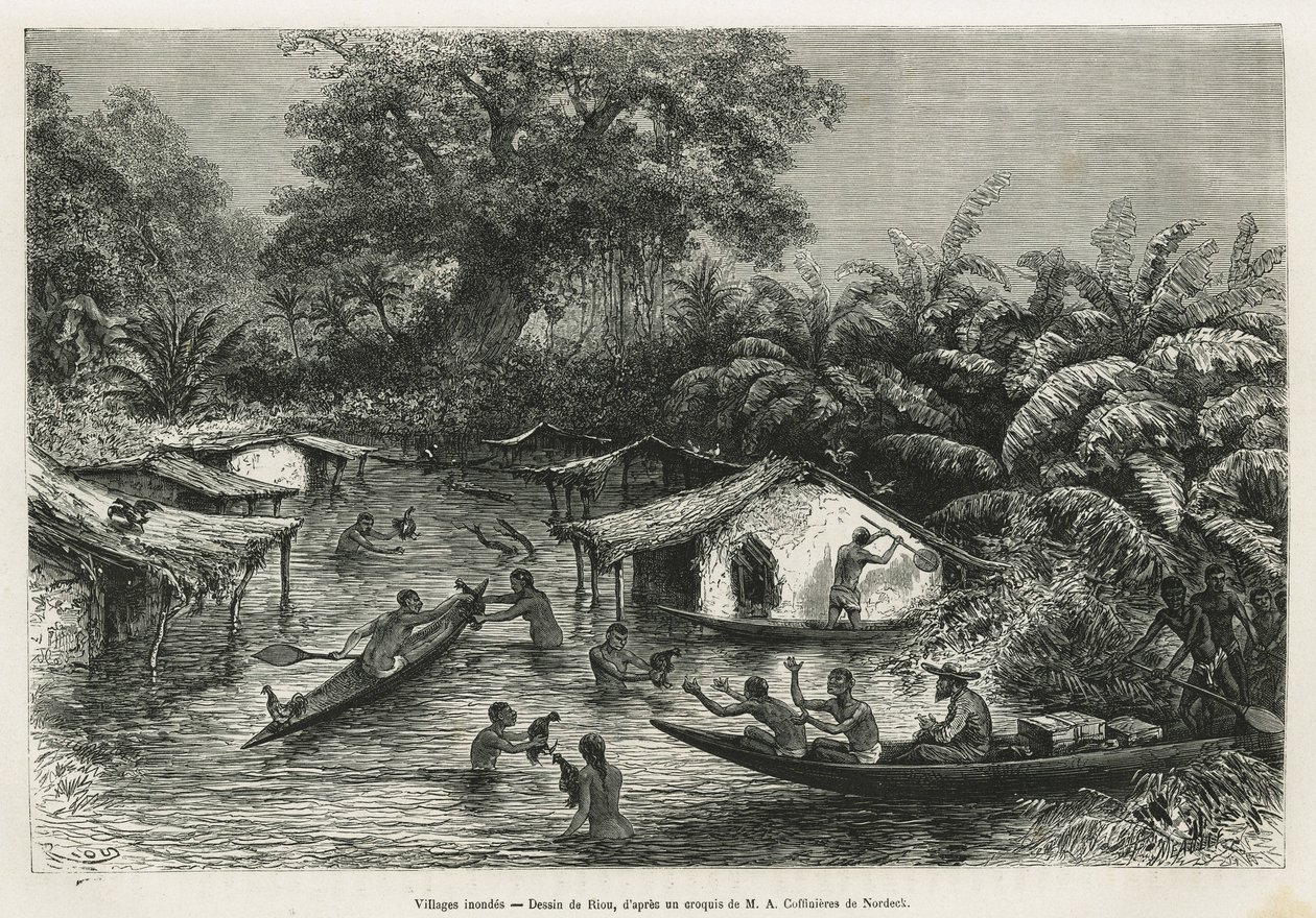Inondes村庄，Riou绘制，用于说明1875-1877年加蓬和Ogoue河之旅的故事，由Alfred Marche绘制。雕刻在《世界之旅》中 作者 爱德华·里奥（Edouard Riou）