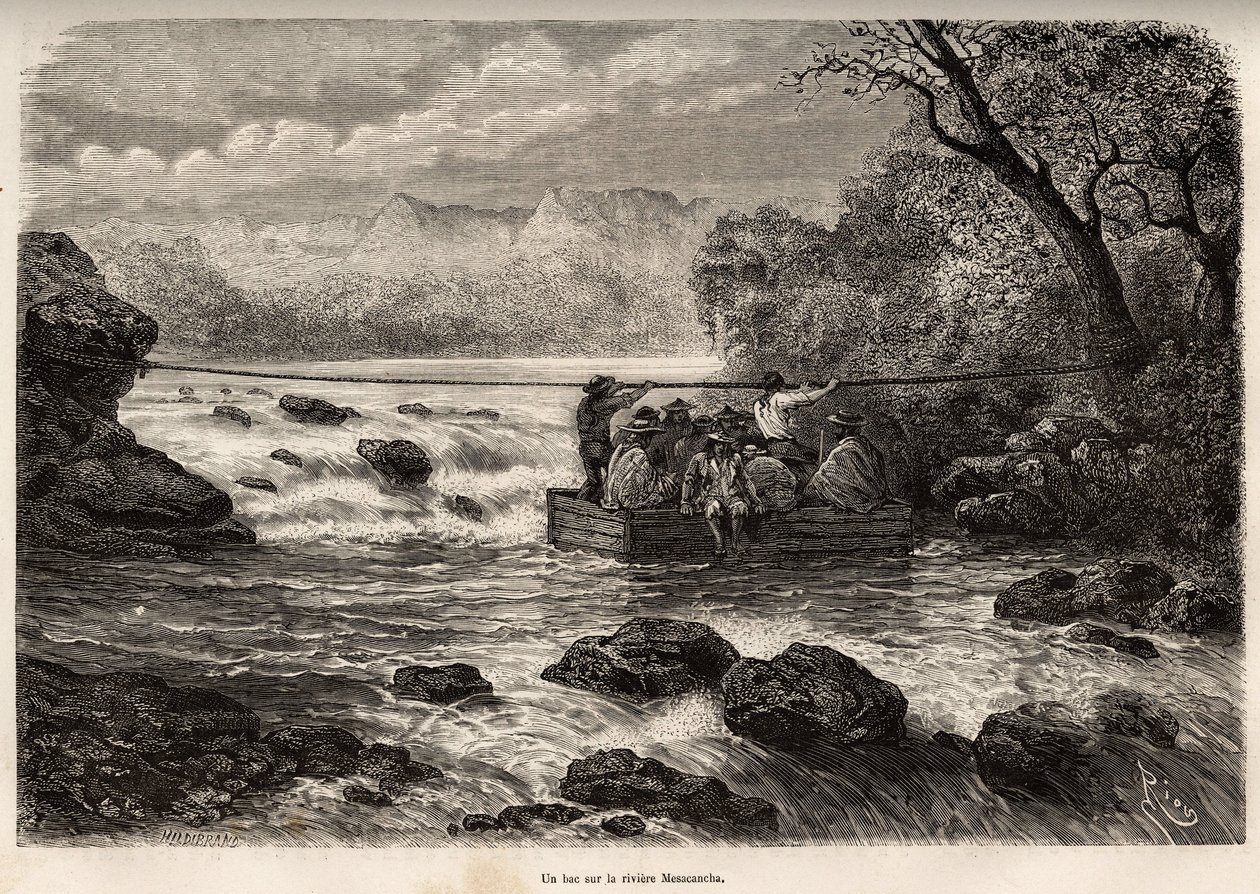 La traversee par le bac de la Riviere Mesacancha (Bas Peru), engraving by E.Riou illustrating the journey in the mountains, the valley of Huarancalqui and the regions of the Pjonal, from 1862 to 1863, by Paul Marcoy, published in “” Le tour du monde”” 1875 作者 爱德华·里奥（Edouard Riou）