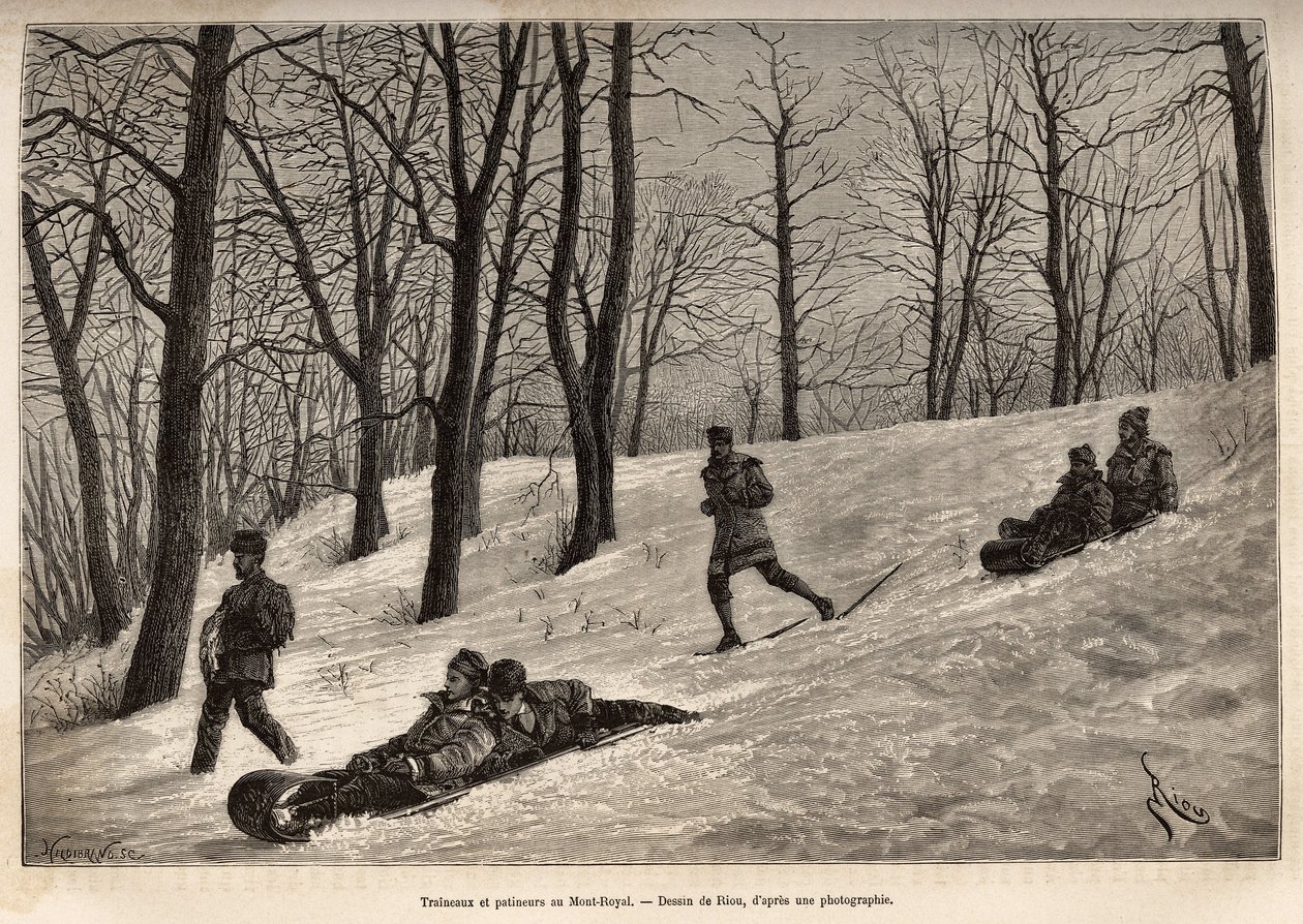 Luges et skaters au plateau du Mont-Royal，靠近蒙特利尔，在 Riou 的一幅画后雕刻，描绘了 H. De Lamotte 于 1873 年在“Le tour du monde”上发表的前往加拿大和红色里维埃北部的游览 ”” 1875 年，爱德华·查顿编辑， 作者 爱德华·里奥（Edouard Riou）