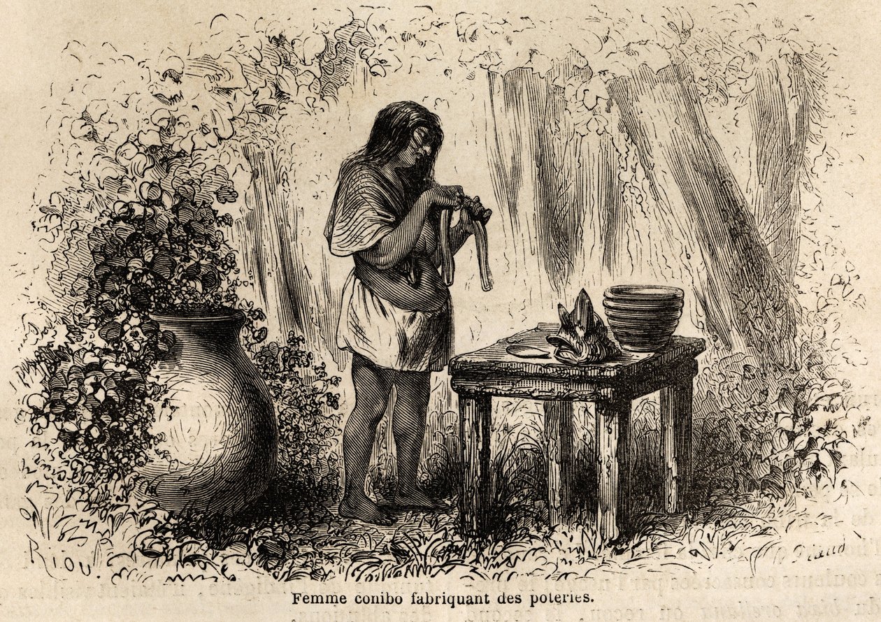 来自秘鲁的 Conibo 印第安人制造的陶器，由 Riou 绘制，用于说明 P. Marcoy 从 1848 年到 1860 年从太平洋到大西洋的航行。 雕刻在“Le tour du monde”，Edouard Charton 编辑 作者 爱德华·里奥（Edouard Riou）