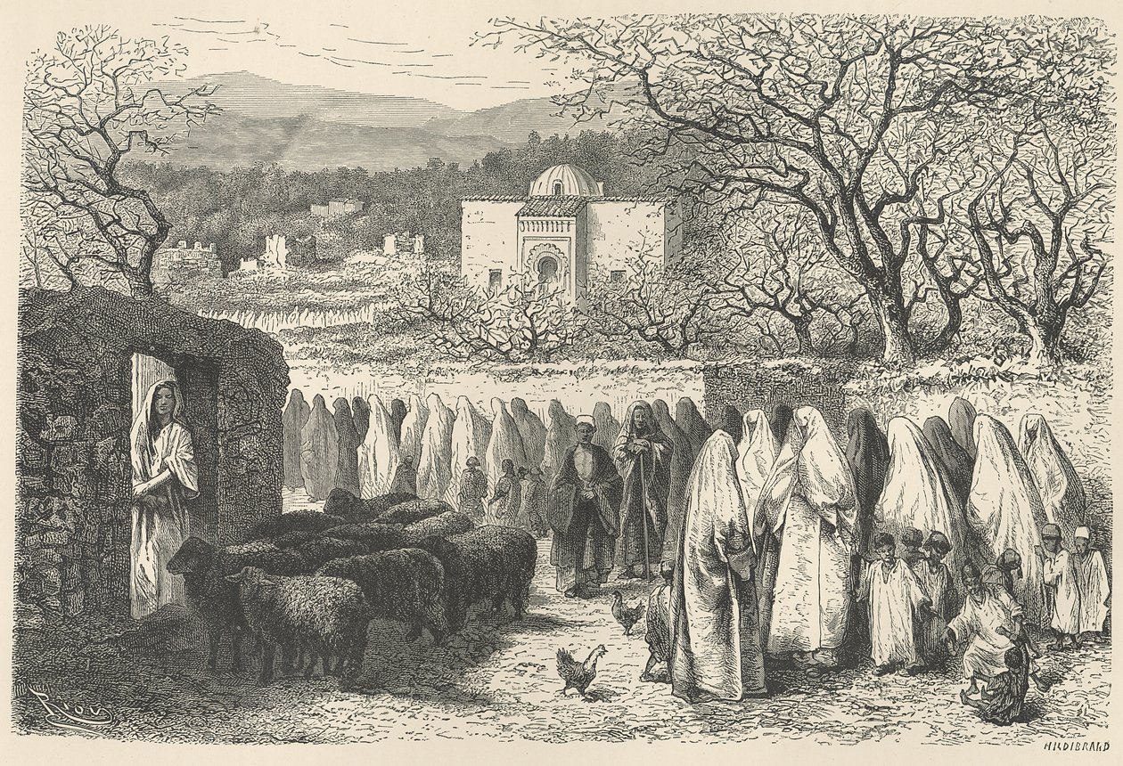 Marabout和游行：Tlemcen，由Henri Theophile Hildibrand雕刻（1824-97） 作者 爱德华·里奥（Edouard Riou）