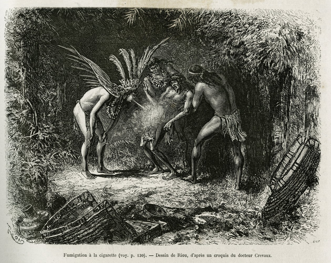 Roucouyan印第安人用香烟进行医疗熏蒸。 由 Riou 雕刻，以说明 Cayenne aux Andes 的故事，由法国海军博士 Jules Crevaux 于 1878-1879 年在 Edouard Charton 指导下发表于 Tour du monde 作者 爱德华·里奥（Edouard Riou）