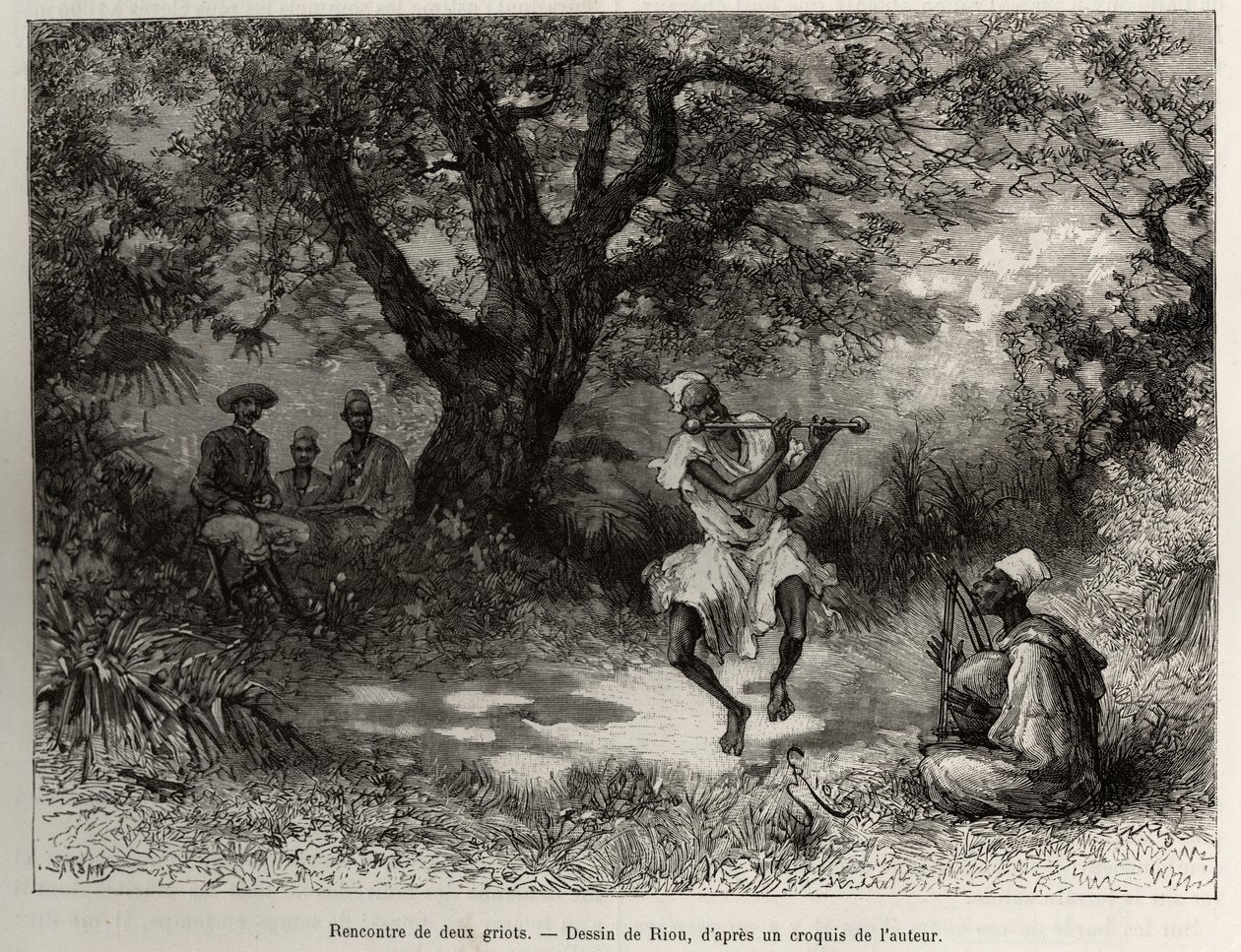 Meet two griots, Captain Binger, sitting in the shade, enjoys the show. Engraving by Riou, to illustrate the story “” From Niger to the Gulf of Guinee”” by Captain Louis Gustave Binger (1856-1936), in 1887-1889, in Le tour du monde, nouveau journal des voy 作者 爱德华·里奥（Edouard Riou）