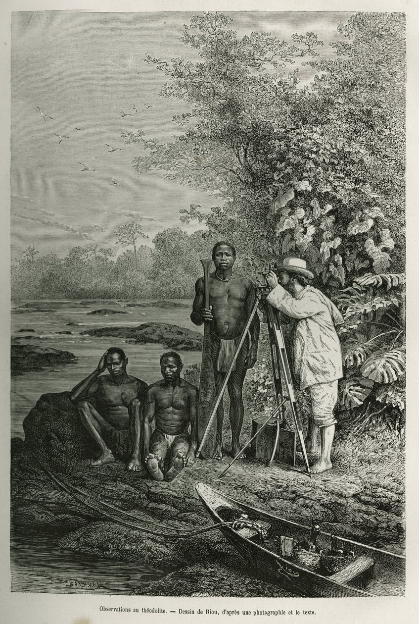 Observation at theodolite, Dr Crevaux with his measuring instruments and his team of guide and porters, in full working session, engraving after a drawing by Riou, to illustrate the story De Cayenne aux Andes, by Jules Crevaux, doctor of the French navy, i 作者 爱德华·里奥（Edouard Riou）