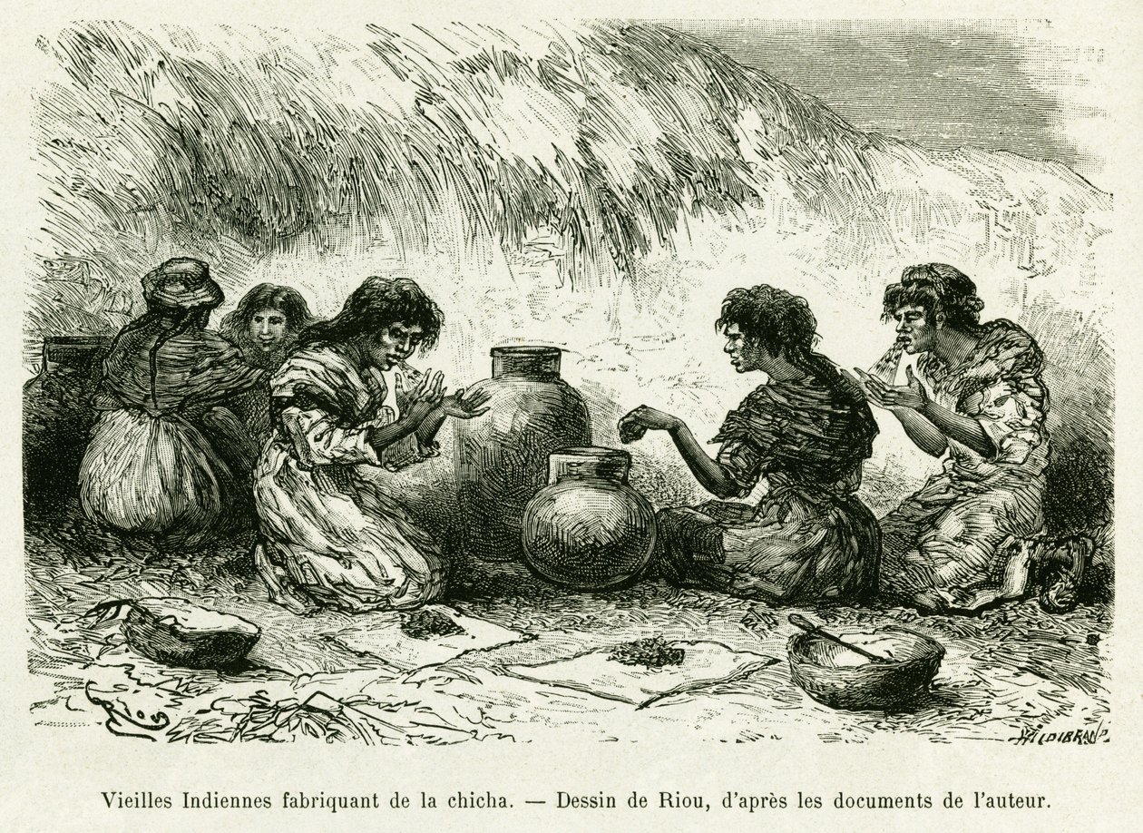 Old Indian women making shisha. Engraving by Riou, to illustrate the story Voyage dans le delta du Pilcomayo et de Buenos Aires a Sucre 作者 爱德华·里奥（Edouard Riou）