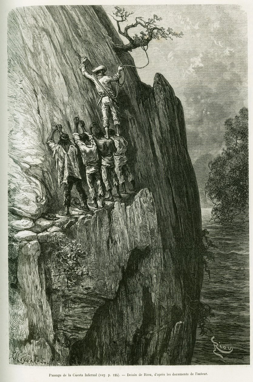 Passage of the Cuesta Infernal. Engraving by Riou, to illustrate the story Voyage dans le delta du Pilcomayo et de Buenos Aires a Sucre 作者 爱德华·里奥（Edouard Riou）