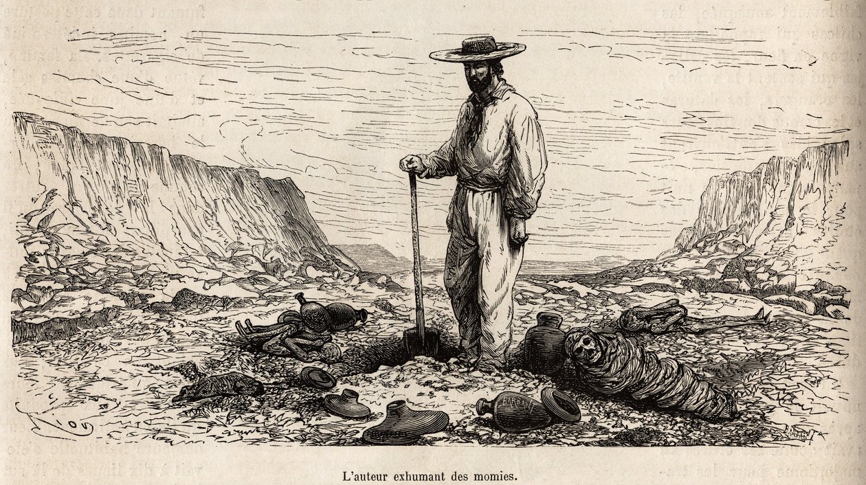 Paul Marcoy exhumant des mummies Incas (Bas Peru), engraving by E.Riou illustrating the journey in the mountains, the valley of Huarancalqui and the regions of Pjonal, from 1862 to 1863, by Paul Marcoy, published in “Le tour du monde”” 1875, edited by Edou 作者 爱德华·里奥（Edouard Riou）