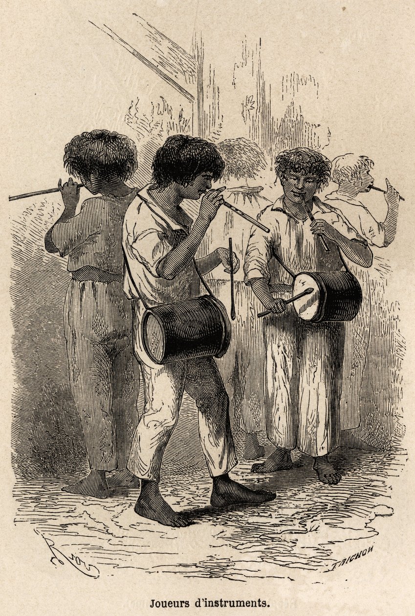萨拉亚库（秘鲁）的乐器演奏者，由 Riou 绘制，用于说明 Paul Marcoy 从 1848 年到 1860 年从太平洋到大西洋的旅程。雕刻在“Le tour du monde”，由 Edouard Charton 编辑 作者 爱德华·里奥（Edouard Riou）