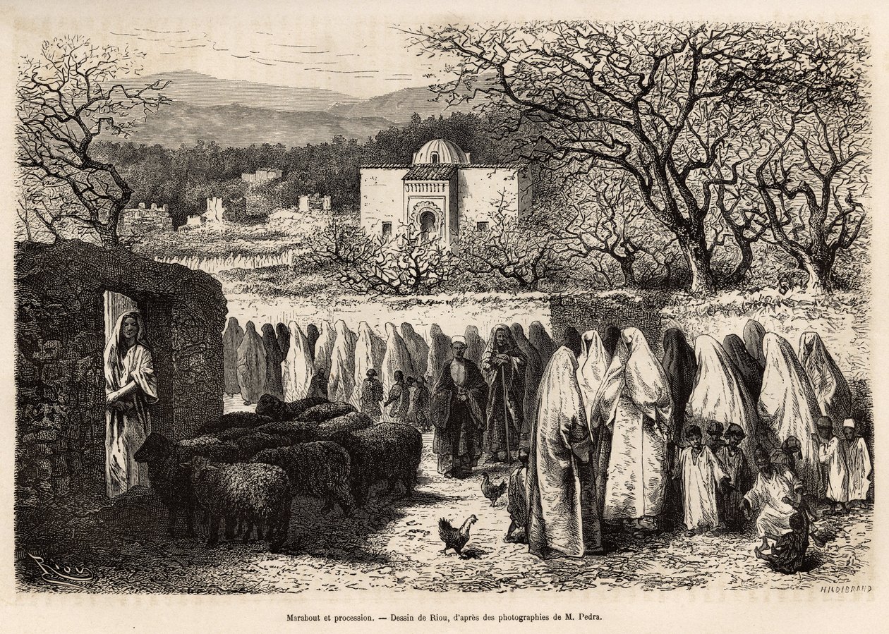 前往 Marabout de Tlemcen 的游行队伍（带有伊斯兰教男子饰面圆顶的坟墓），由 E.Riou 绘制，描绘了前往特莱姆森（阿尔及利亚）的航程，由 E. de Lorral 于 1875 年创作，发表于“” Le tour du monde”””1875 年，Edouard Char 编辑 作者 爱德华·里奥（Edouard Riou）