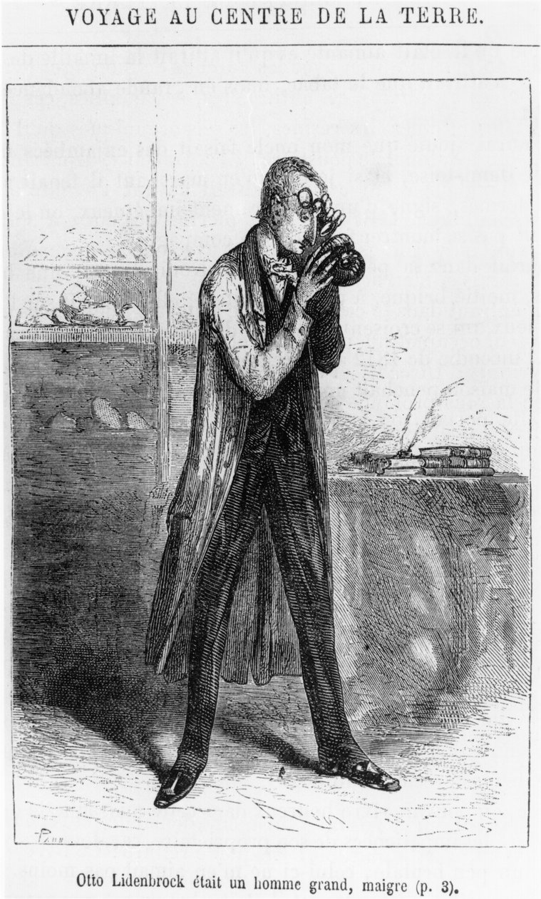 Otto Lidenbrock教授，来自Jules Verne（1828-1905）巴黎的“地球中心之旅”的插图，Hetzel 作者 爱德华·里奥（Edouard Riou）
