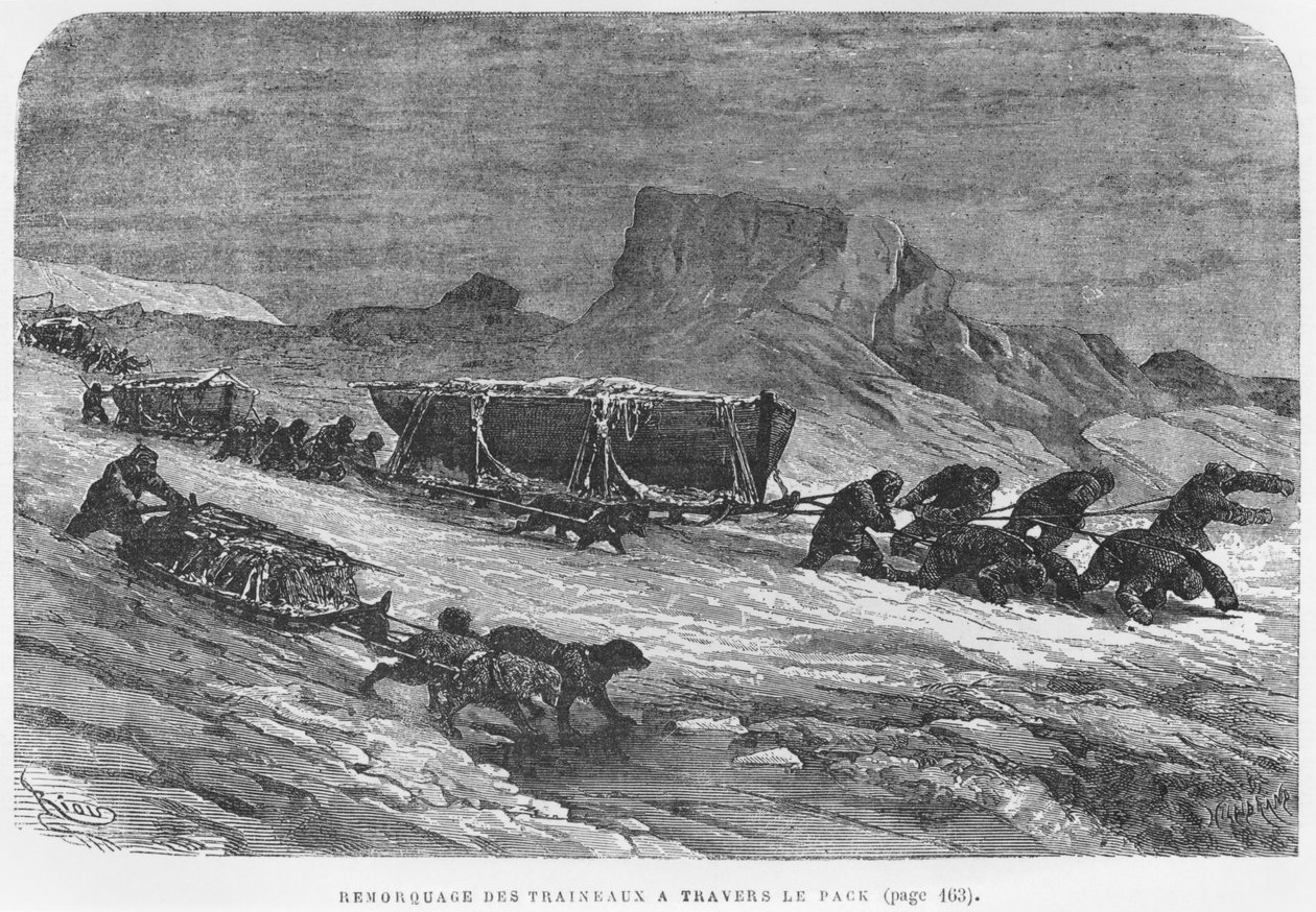 拉雪橇穿过冰袋，由朱利叶斯·普拉耶（1841-1915）的“Expedition du Tegetthoff”插图，由Henri Theophile Hildibrand雕刻（1824-97） 作者 爱德华·里奥（Edouard Riou）