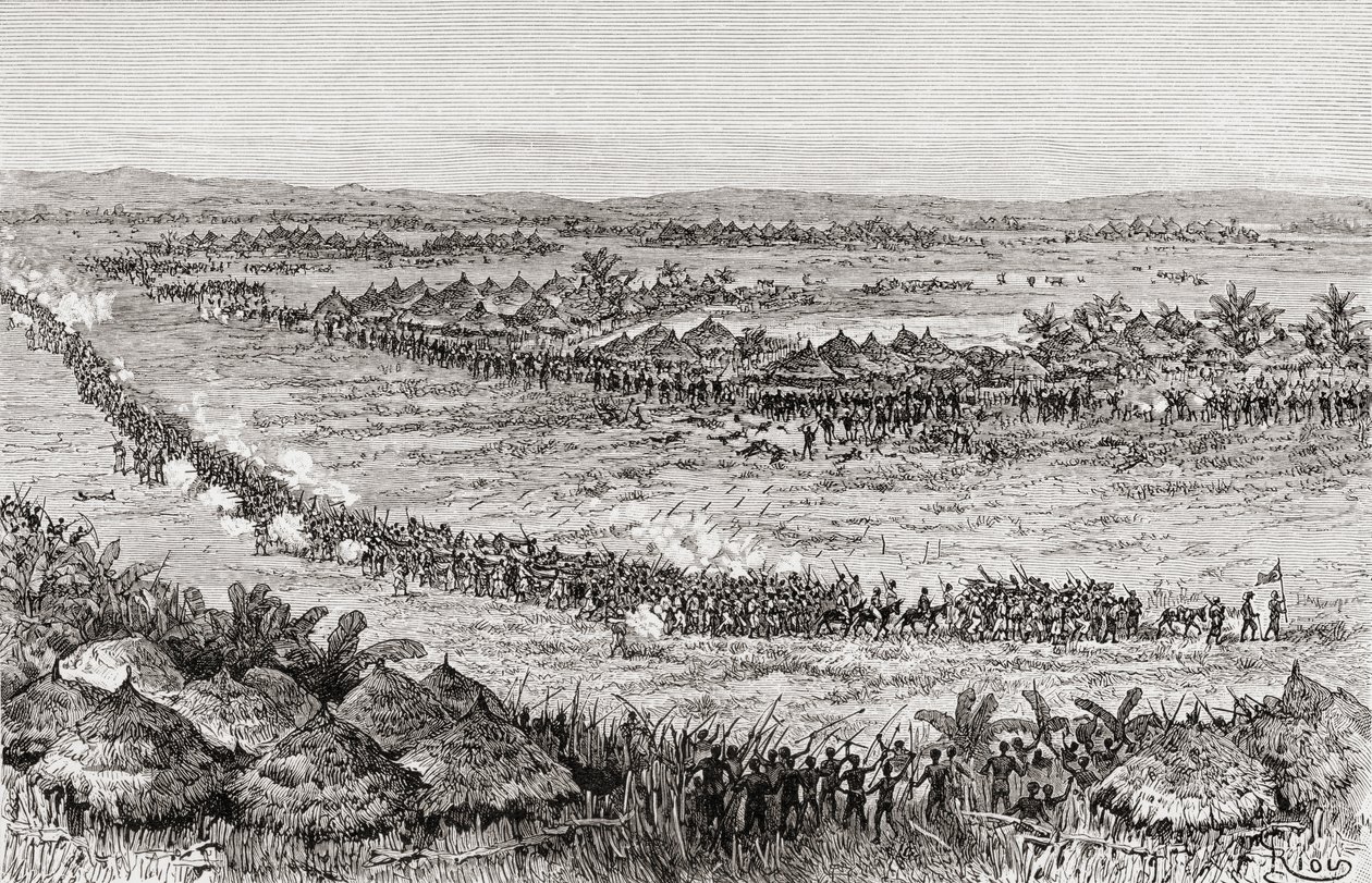 亨利·莫顿·斯坦利爵士和他的手下受到Sukuma当地人的威胁，1890年（木版画） 作者 爱德华·里奥（Edouard Riou）