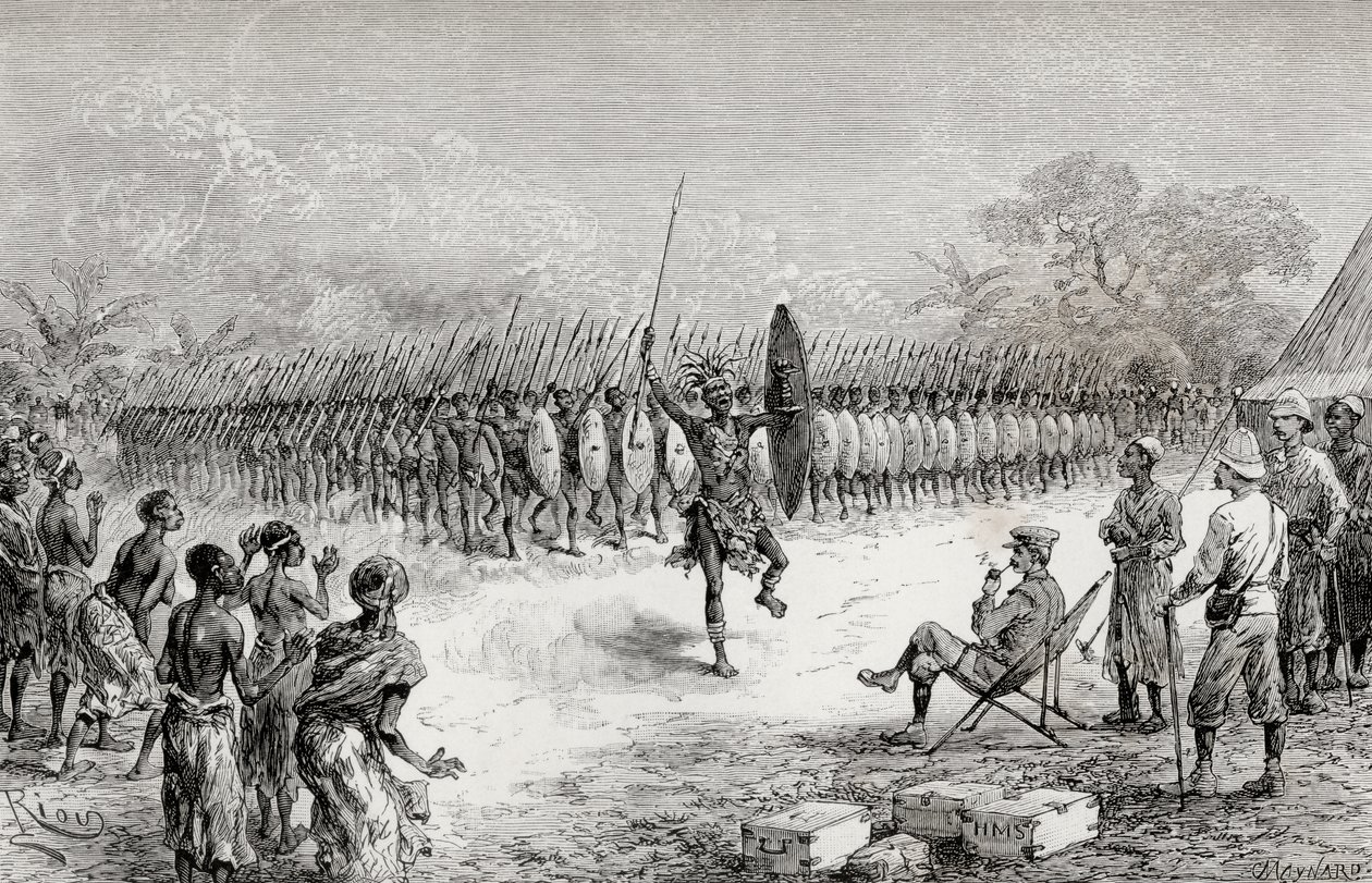 亨利·莫顿·斯坦利爵士在1890年的Usiri观看Mazamboni战士的方阵舞（木版画） 作者 爱德华·里奥（Edouard Riou）