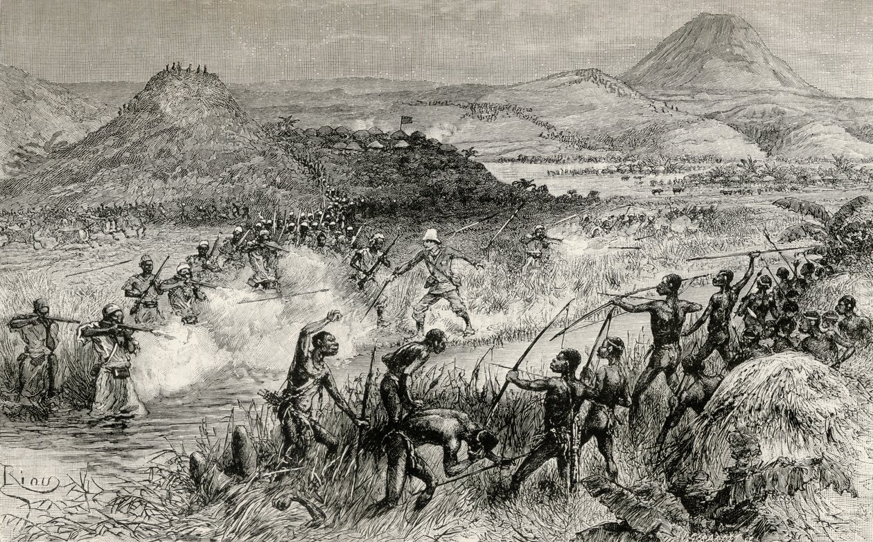 亨利莫顿斯坦利爵士首次与Mazamboni人相遇，1890年（木版画） 作者 爱德华·里奥（Edouard Riou）