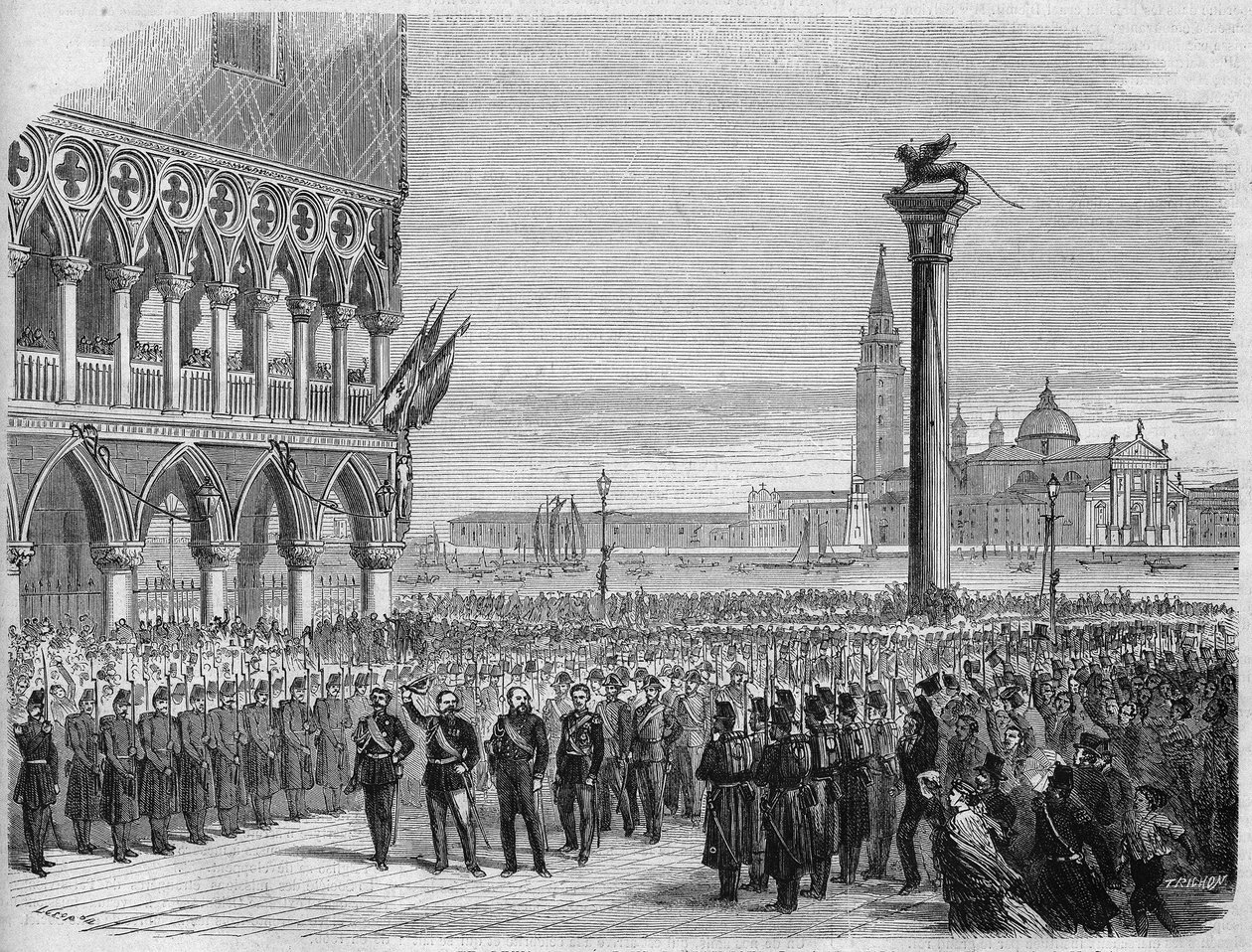 意大利国王维克多-伊曼纽尔二世（Victor Emmanuel）（Vittorio Emanuele）在威尼斯的圣马克广场。奥地利人在萨多瓦被打败后，威尼斯于1866年重新回到意大利王国的怀抱。根据Crepon和Riou的画作雕刻的。在" 作者 爱德华·里奥（Edouard Riou）