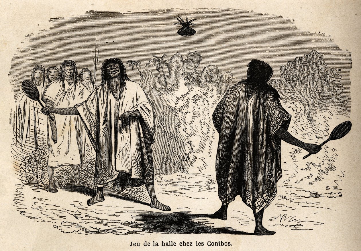 The ball game, among the Indian conibos of Peru, drawing by Riou to illustrate the voyage, from 1848 to 1860, of P. Marcoy, from the Pacific Ocean to the Atlantic Ocean. Engraving in “” Le tour du monde””, edited by Edouard Charton 作者 爱德华·里奥（Edouard Riou）
