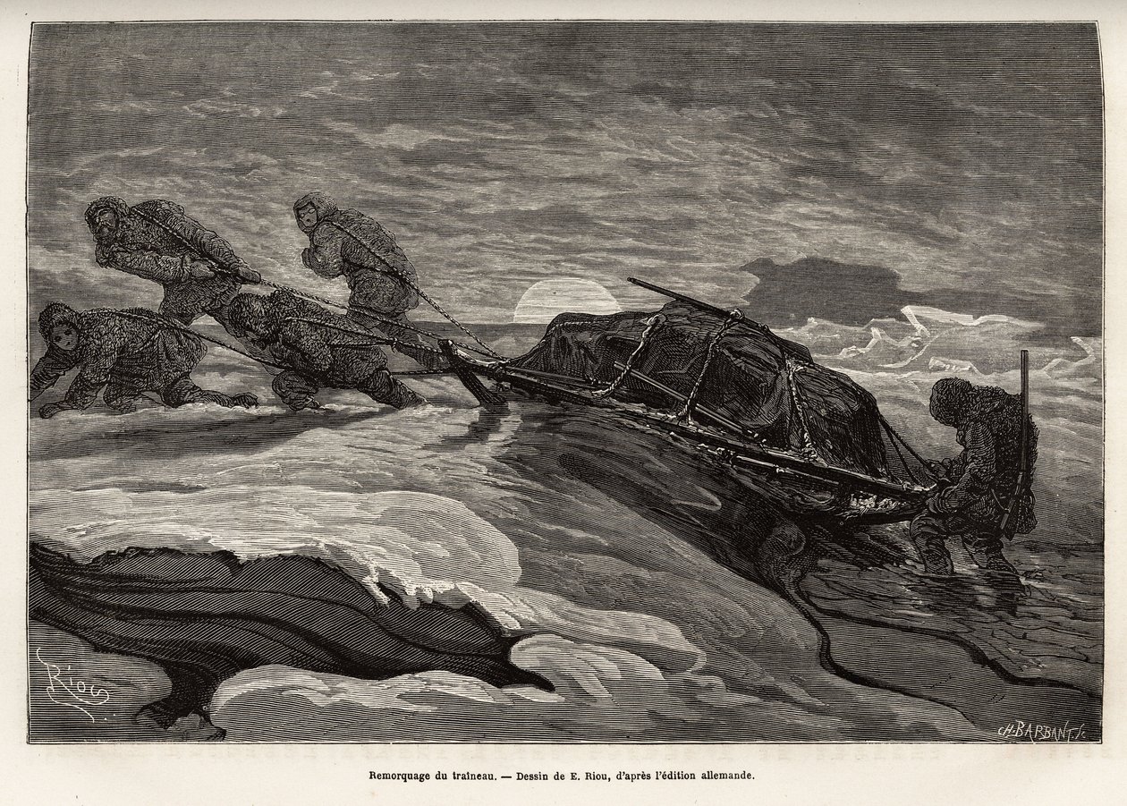 The crew of the ship La Germania, descended on the ice for a hunting game, proceeded to tow their sleigh on the ice, as the sun sets, engraving after the drawing of E.Riou, illustrating a voyage to the North Pole in 1869-1870 by the captain of the ship La  作者 爱德华·里奥（Edouard Riou）