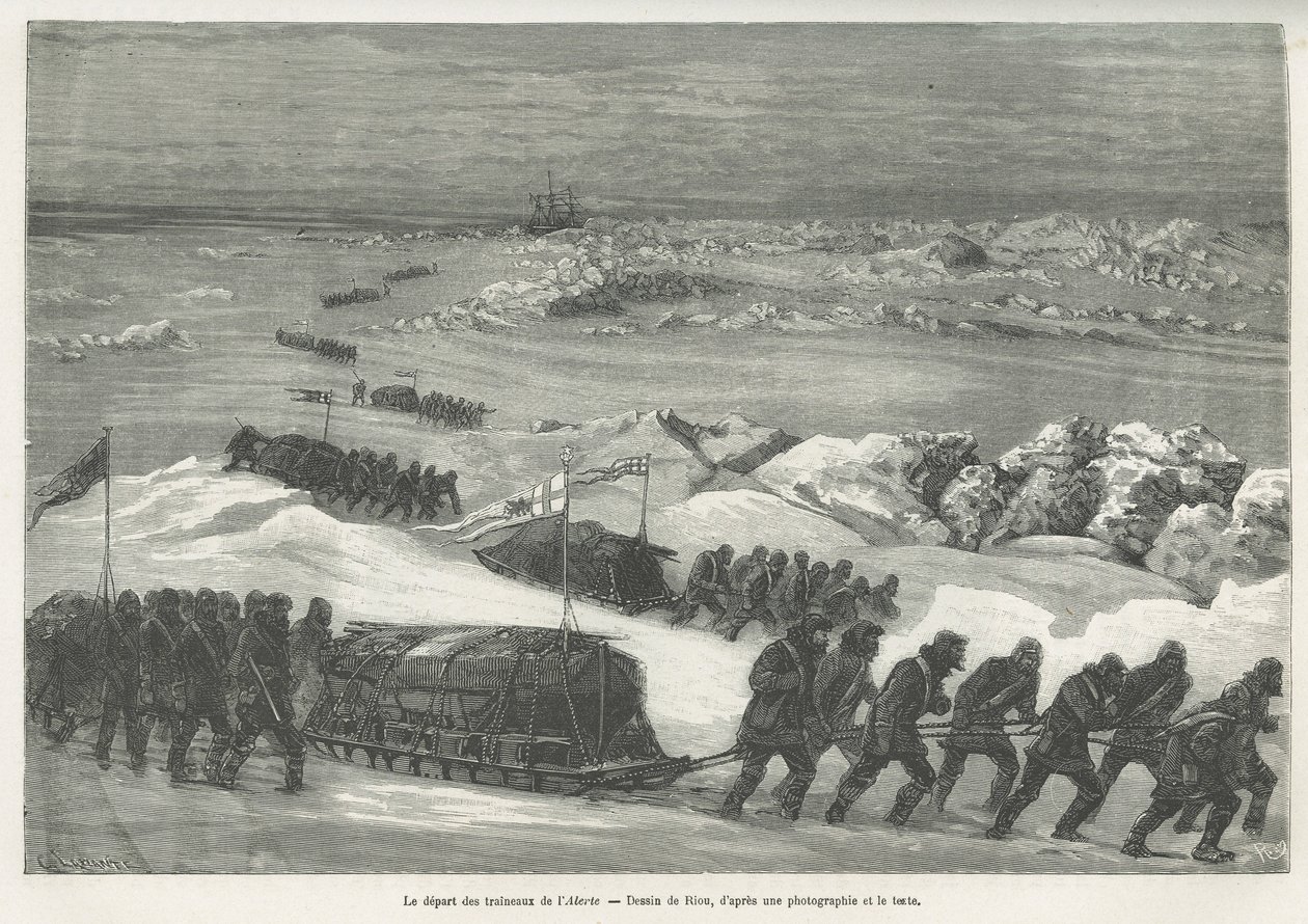 警报雪橇的出发，极地探险队的船，Riou画的，用来说明1875-1876年G.S.Nares船长的极地海洋航行的故事。世界之旅》中的雕刻 作者 爱德华·里奥（Edouard Riou）