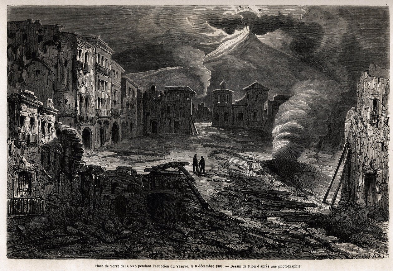 The square of Torre del Greco, during the eruption of the Vesuve, 8 December 1861, drawing by Riou, to illustrate the walks around Naples by Marc Monnier, in 1862. Engraving in “” Le tour du monde””, edited by Edouard Charton 作者 爱德华·里奥（Edouard Riou）