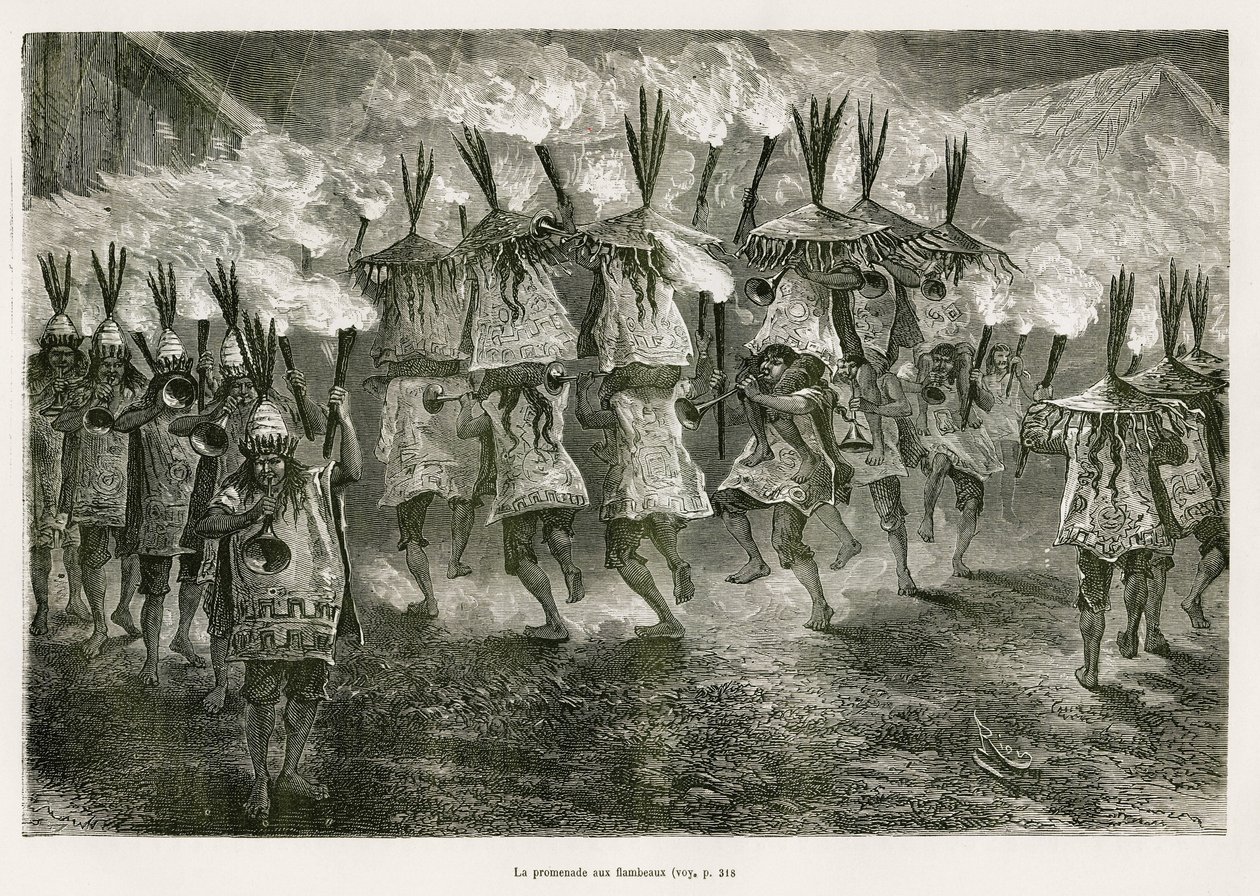 手电筒穿过圣何塞的街道，由 E.Riou 绘制，以说明 1873 年保罗·马科伊 (Paul Marcoy) 在的的喀喀地区和下秘鲁东部山谷的旅程。 在 Le tour du monde 雕刻 作者 爱德华·里奥（Edouard Riou）