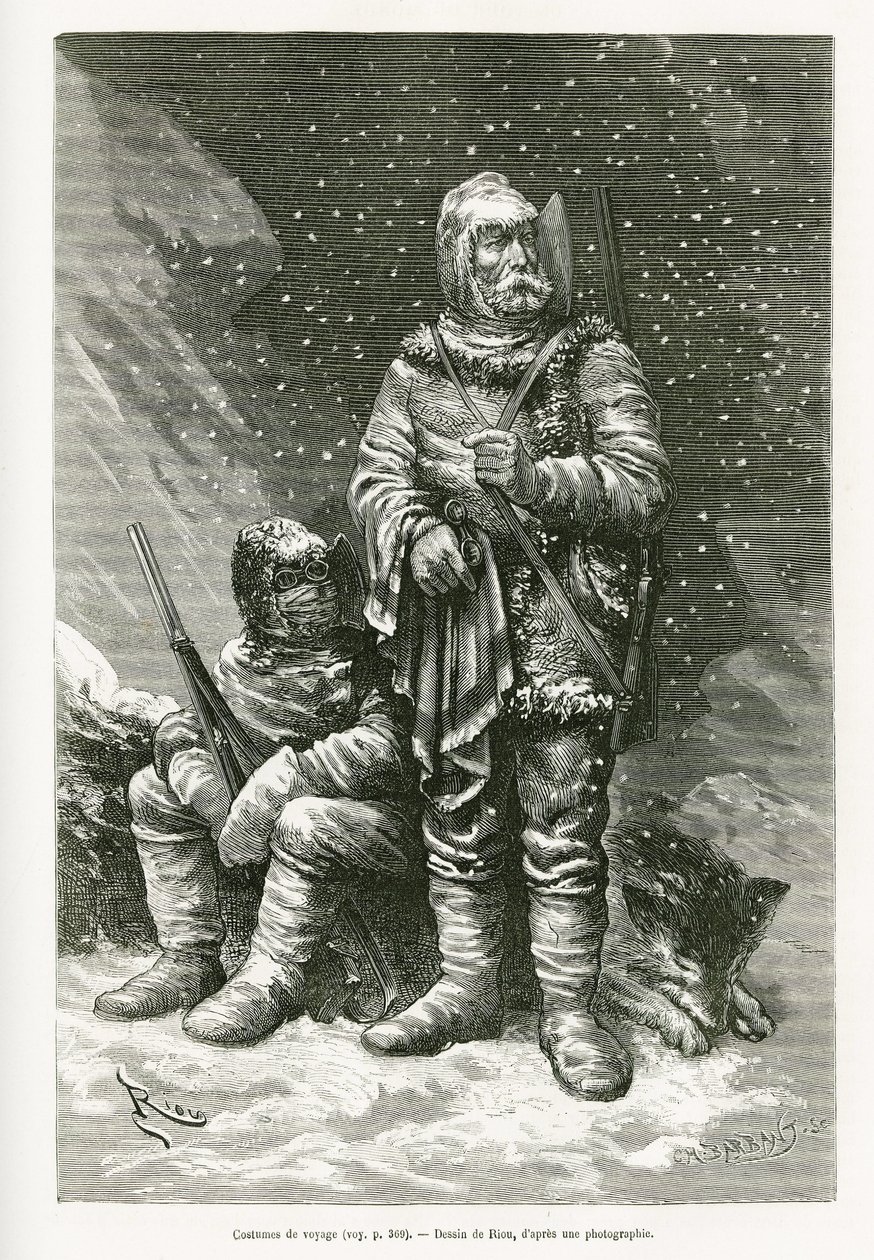 Payer 中尉和 Weyprecht 中尉的旅行套装，几层厚度的抗暴雪衣服，一件可伸缩的皮夹克，以保护面部免受霜冻，靴子和手套由面纱和法兰绒制成，还有厚重的眼镜。 雕刻 af 作者 爱德华·里奥（Edouard Riou）